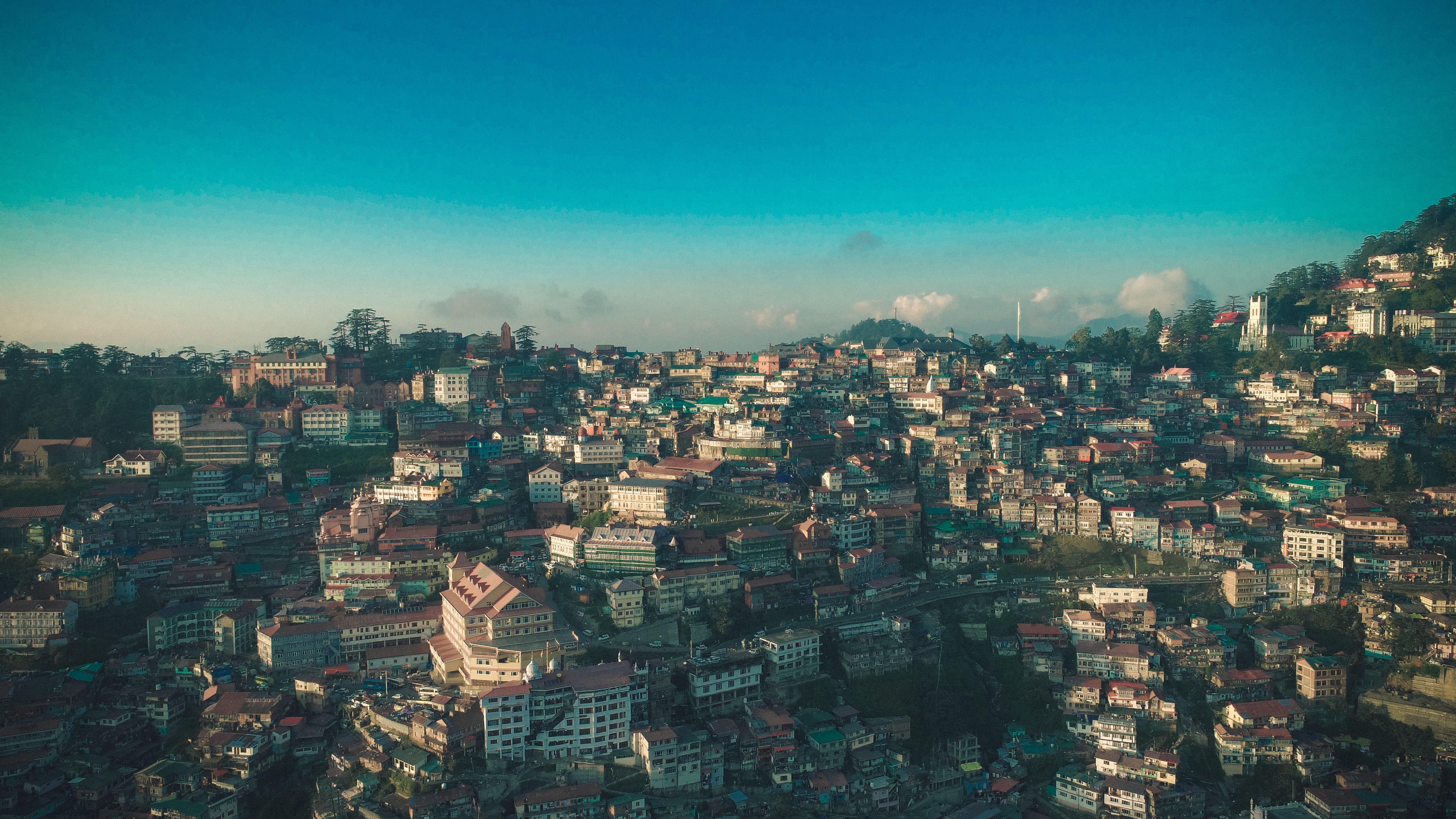 population, architecture, crowd, india, city, 5K, himachal, mountains, skyscraper, high angle view, city life, clear sky, hill homes, bird eye view, office building exterior, HD Wallpaper