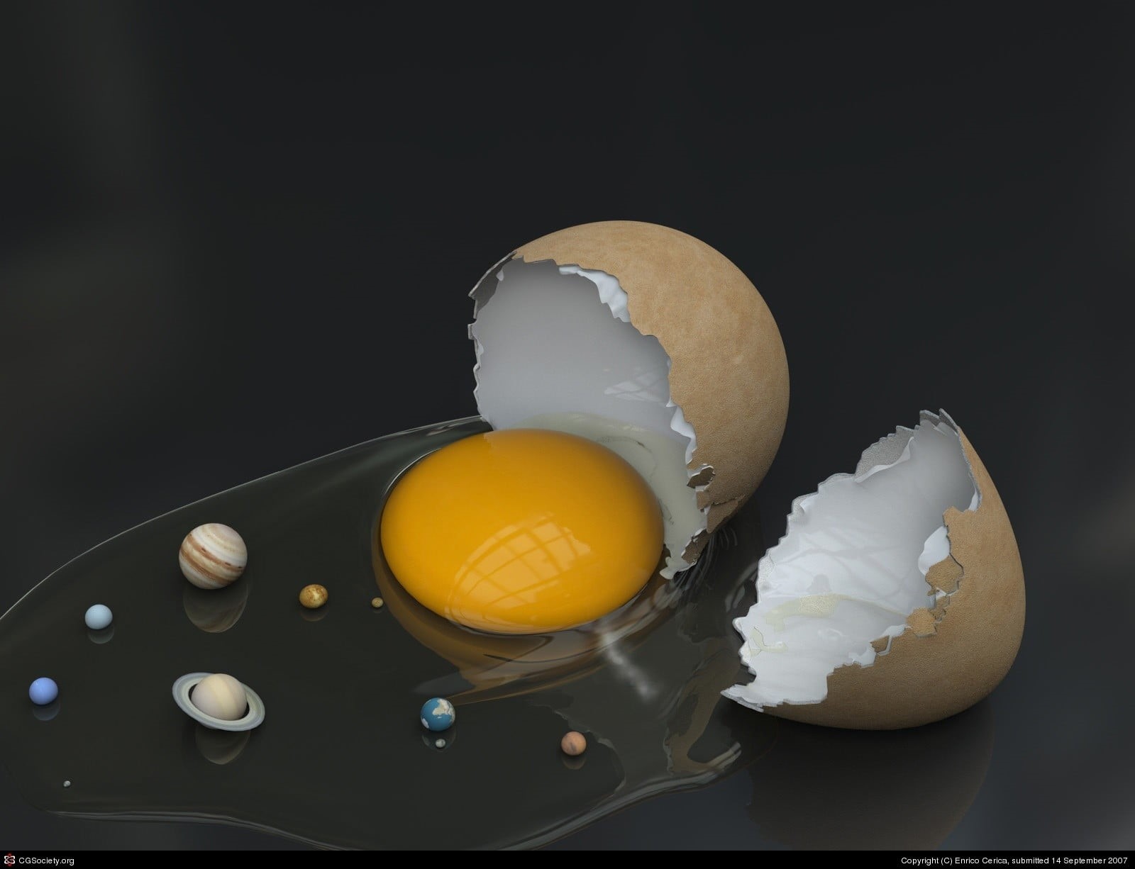 3D, boiled egg, close-up, wellbeing, space, healthy eating, humor, breakfast, broken, Solar System, black background, temptation, 720P, no people, freshness, HD Wallpaper