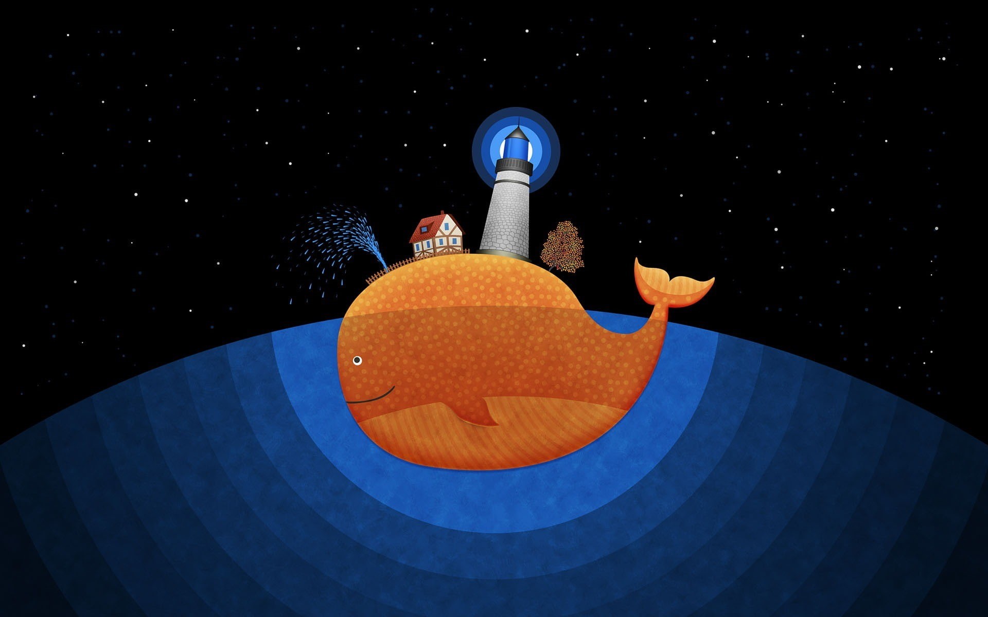 no people, animal representation, whale, lighthouse, blue, indoors, 1080P, minimalism, illuminated, table, Vladstudio, sea, art and craft, night, orange color, HD Wallpaper