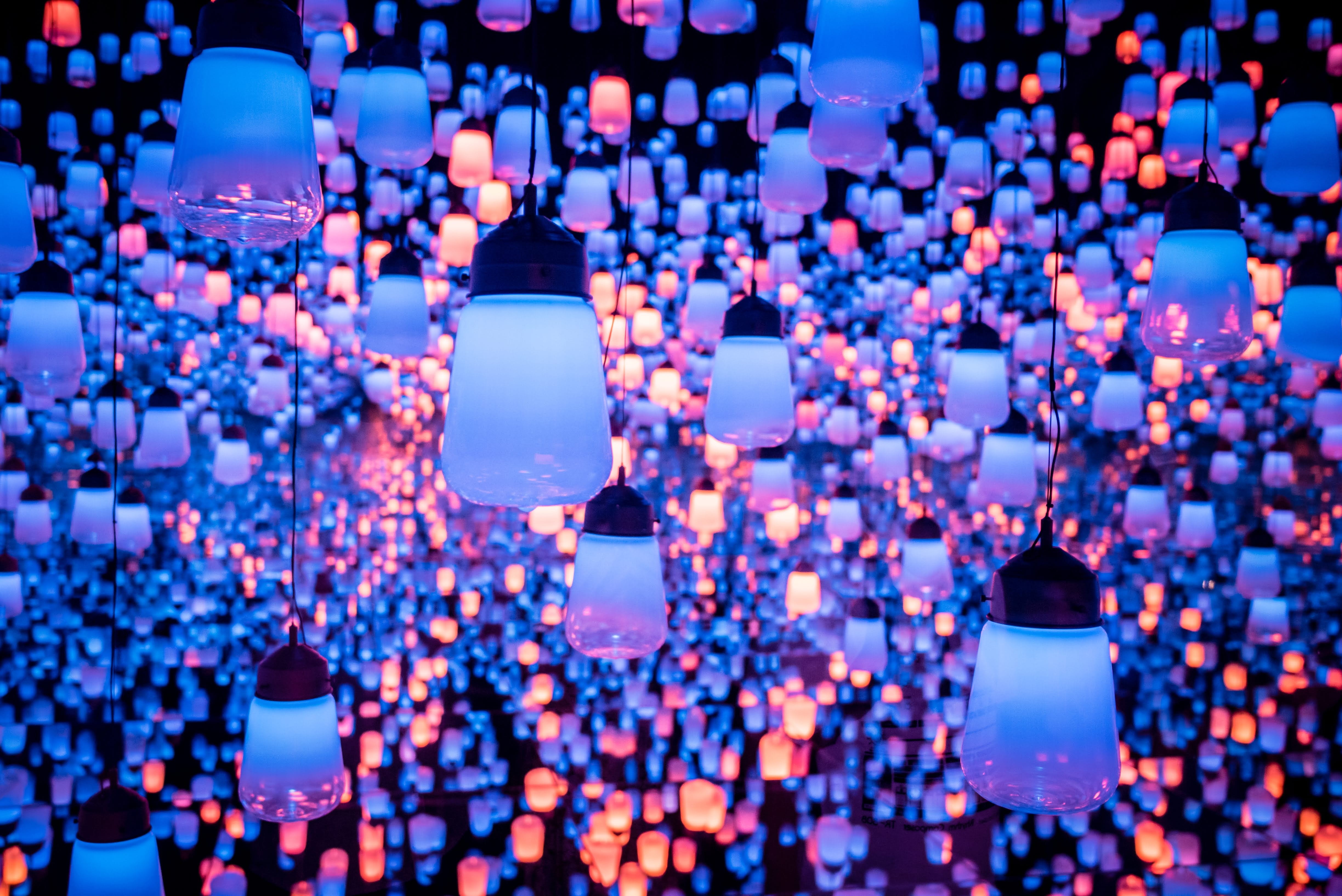 lamp, illuminated, indoors, technology, lighting equipment, ball, nightlife, shape, crowd, digital, city, light - natural phenomenon, lighting, bulb, design, HD Wallpaper