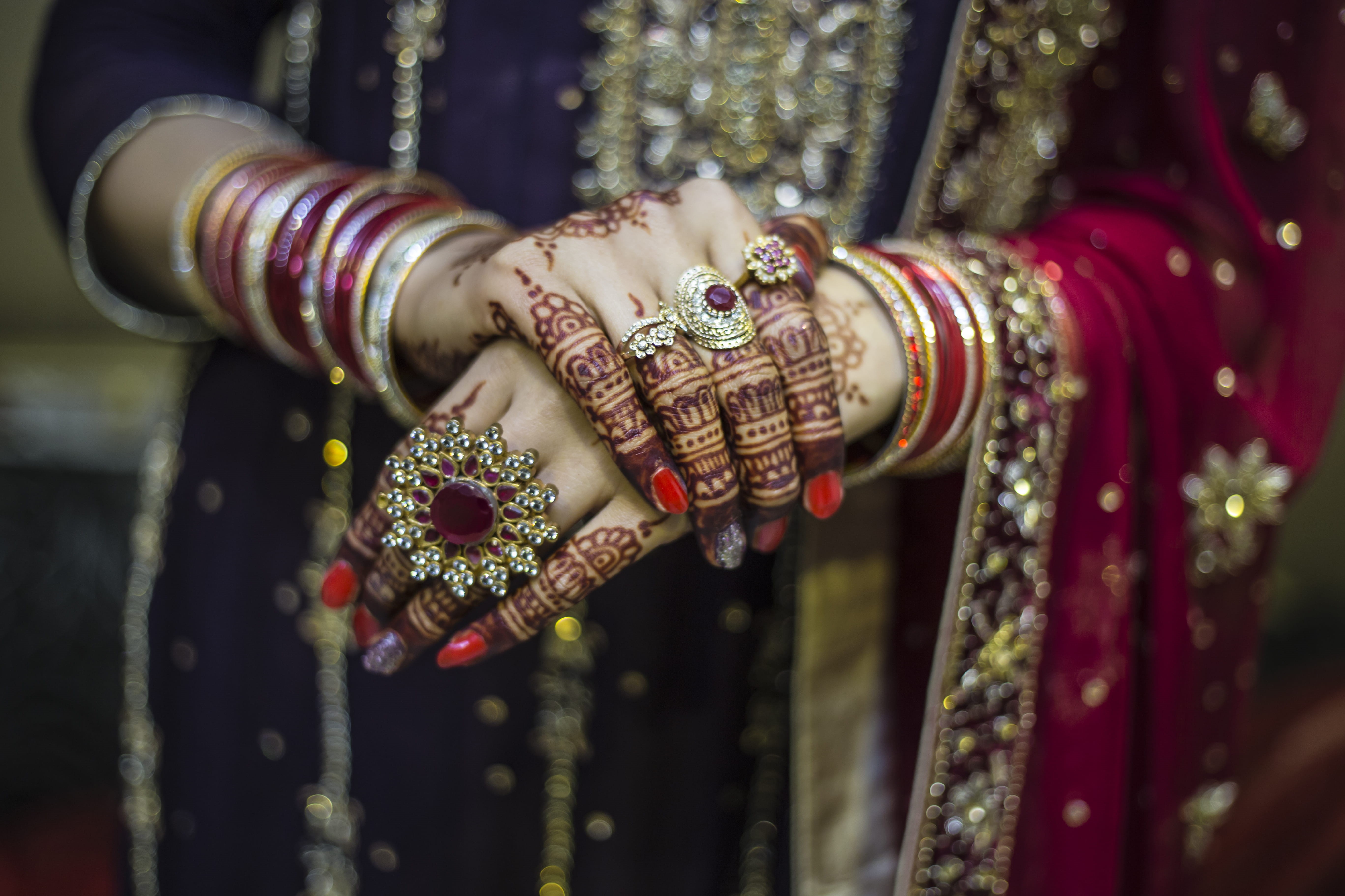 festival, traditional, life events, ceremony, newlywed, close-up, hand, human hand, rings, wear, celebration, tattoo, red, gold, jewelries, bracelet, dress, HD Wallpaper