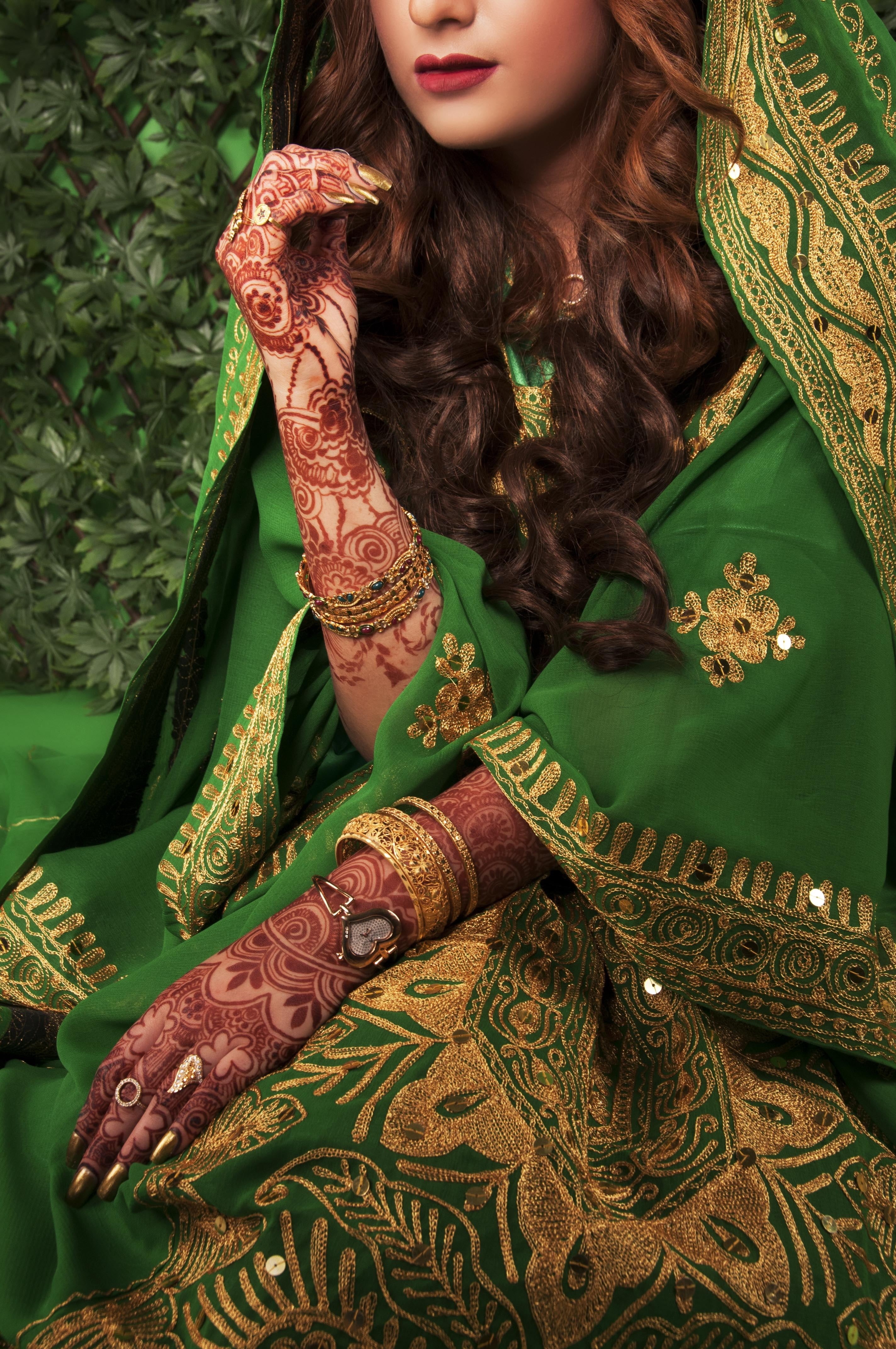 beautiful woman, young adult, green, mehndi, real people, floral, culture, drawing, front view, green color, design, bollywood, dress, hair, emotions, bride, Phone HD Wallpaper