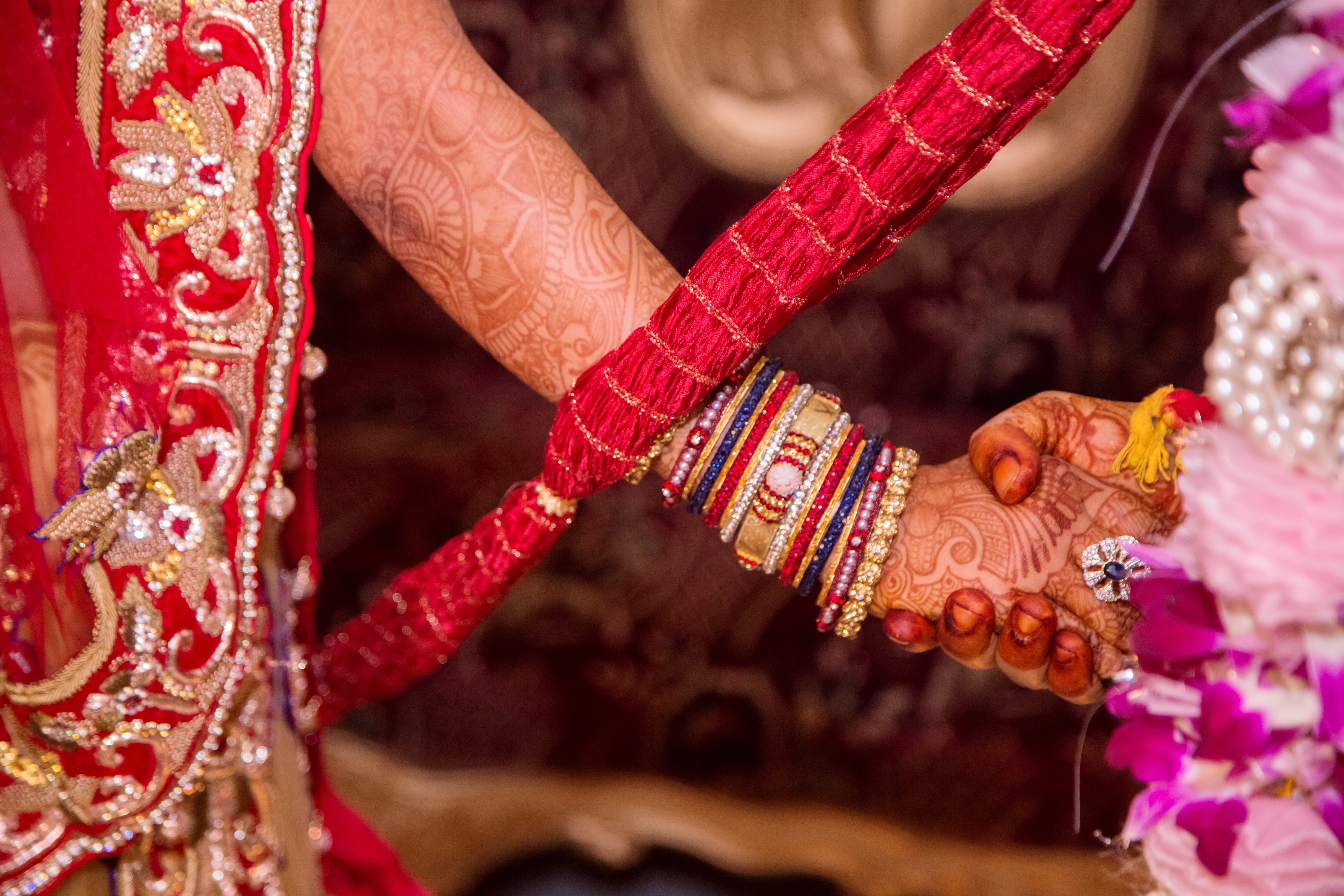 hand, indian, hena, marriage, holding hands, mehndi, bride, adult, woman, human body part, traditional clothing, bangle, bracelets, couple holding hands, HD Wallpaper