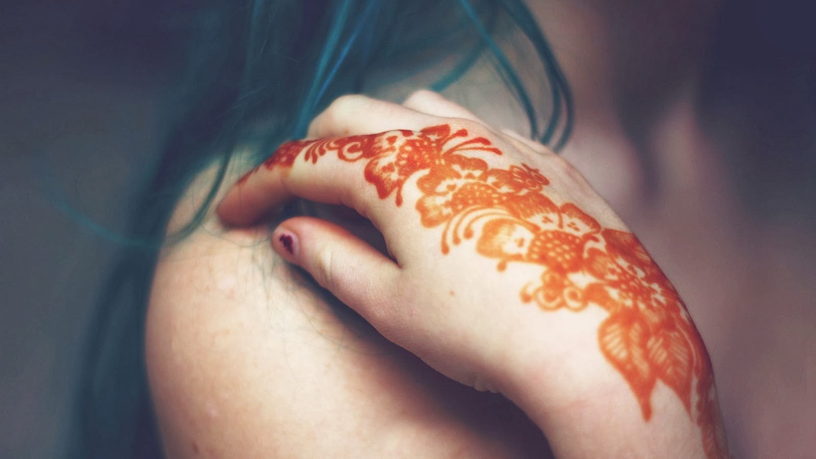 tattoo, bare shoulders, hands, 720P, model, women, teal hair, henna, HD Wallpaper