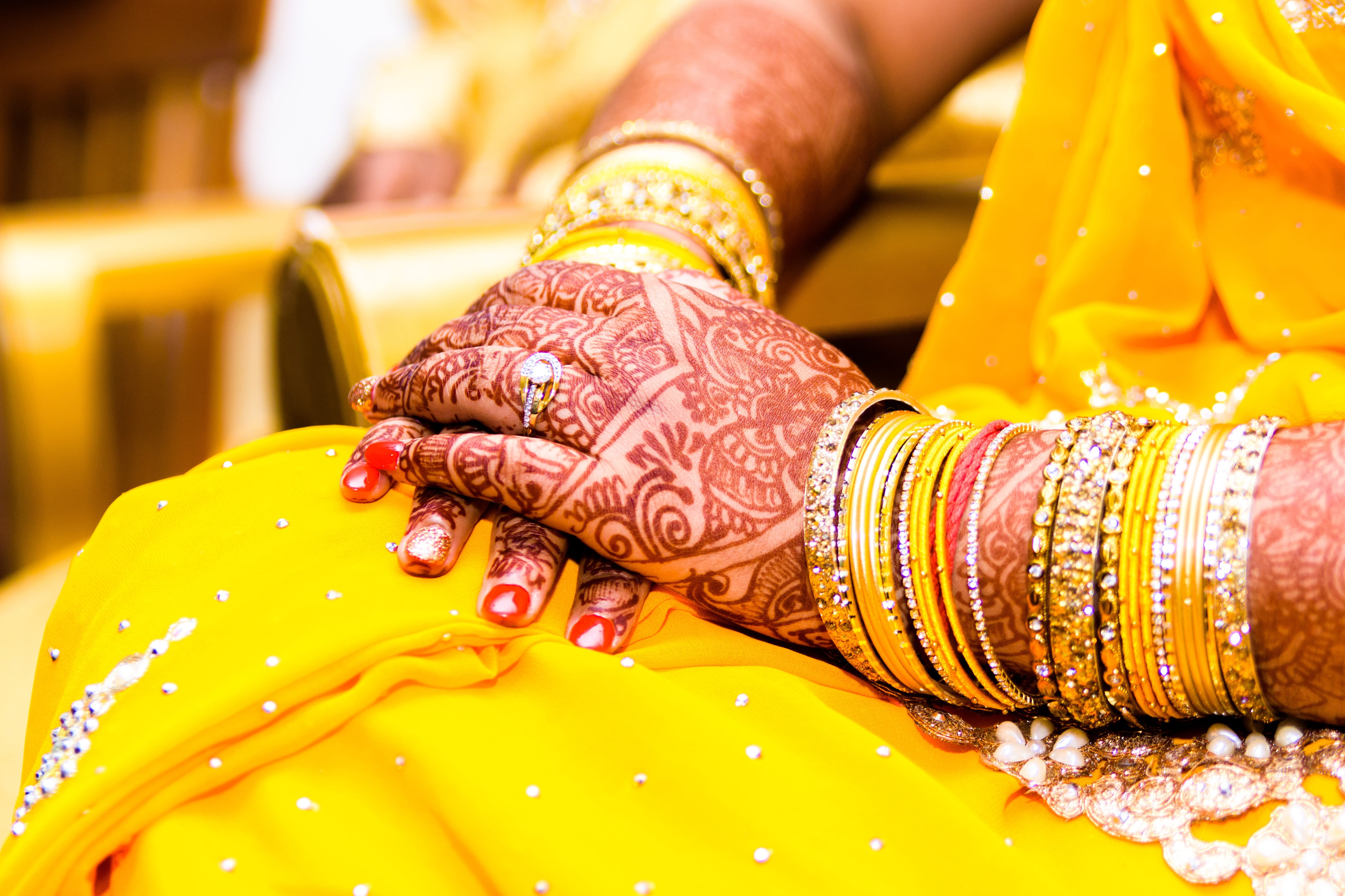 hindu, culture, jewelry, luxury, event, newlywed, women, wedding ceremony, tradition, gold, hand, wedding, couple - relationship, tattoo, indoors, fashion, HD Wallpaper