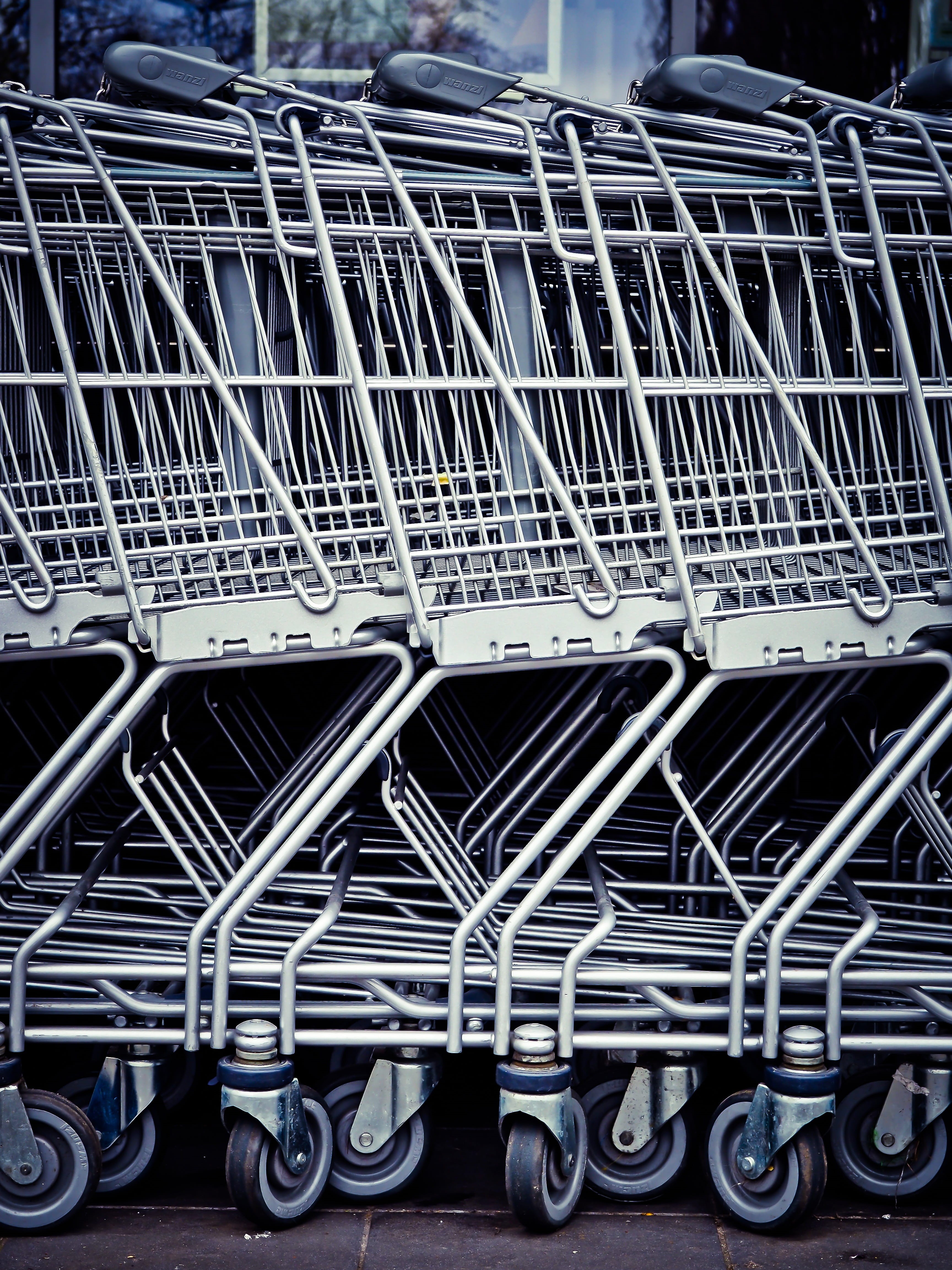 retail, steel, wheel, close-up, pattern, equipment, day, row, black-and-white, aligned, cart, connection, transportation, metal, store, 4K, aluminum, shopping cart, Phone HD Wallpaper