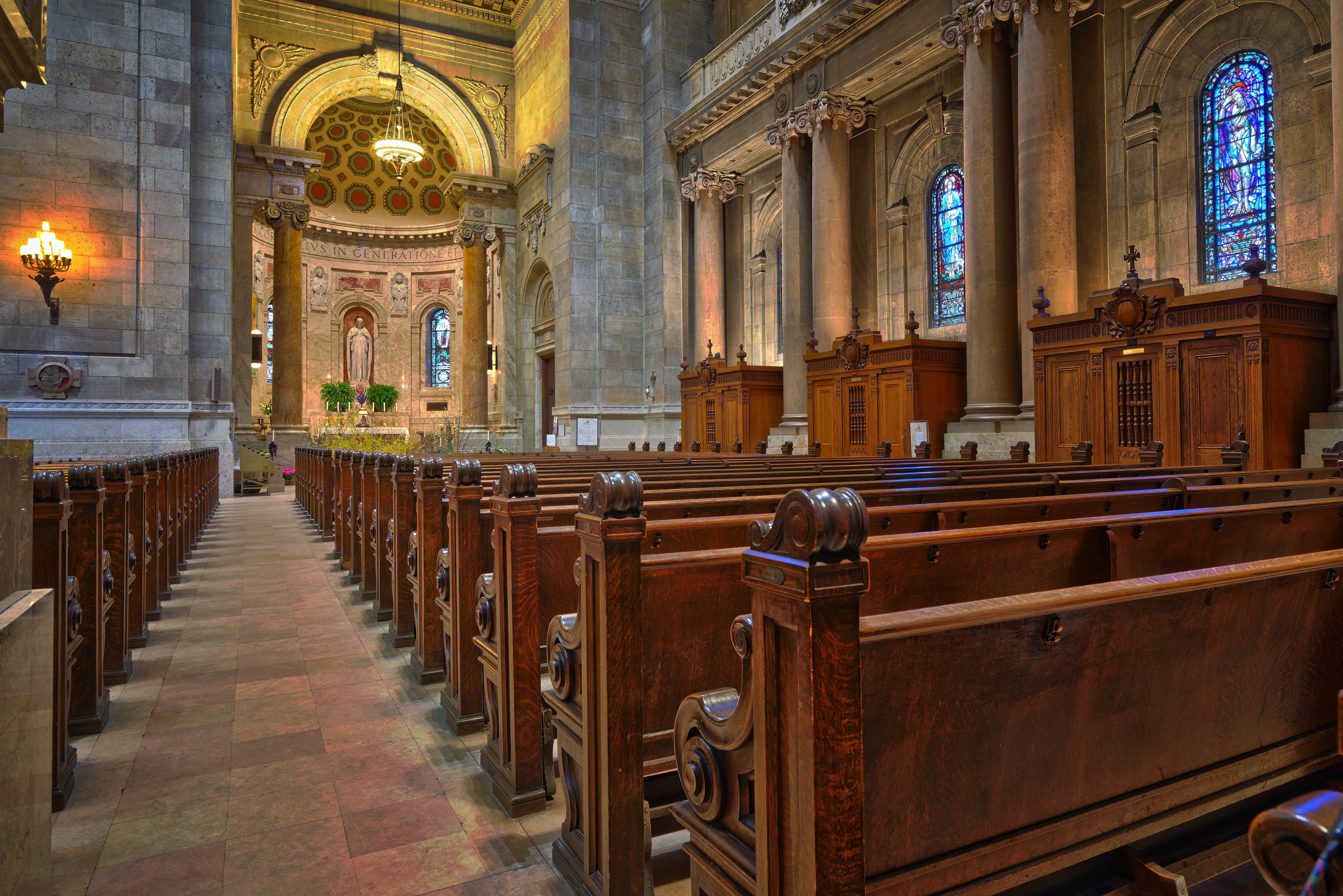 cathedral, legal system, pew, crosses, culture, align, travel destinations, building, seat, stained glass, ornate, lights, brown, colonnade, place of worship, HD Wallpaper