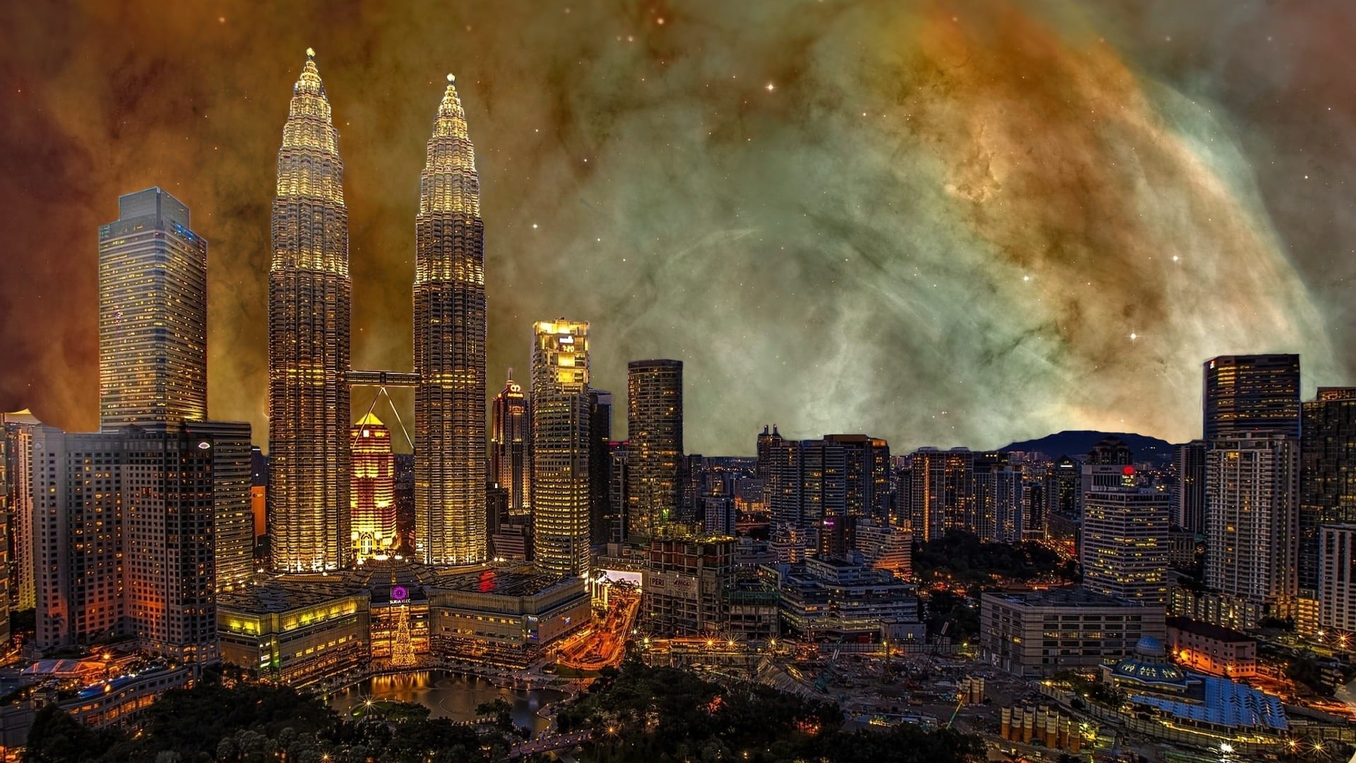 big city, creation, skyline, night sky, top, celestial body, hubble weltraumteleskop, infinity, urban skyline, skyscraper, city panorama, galaxy, metropolis, HD Wallpaper