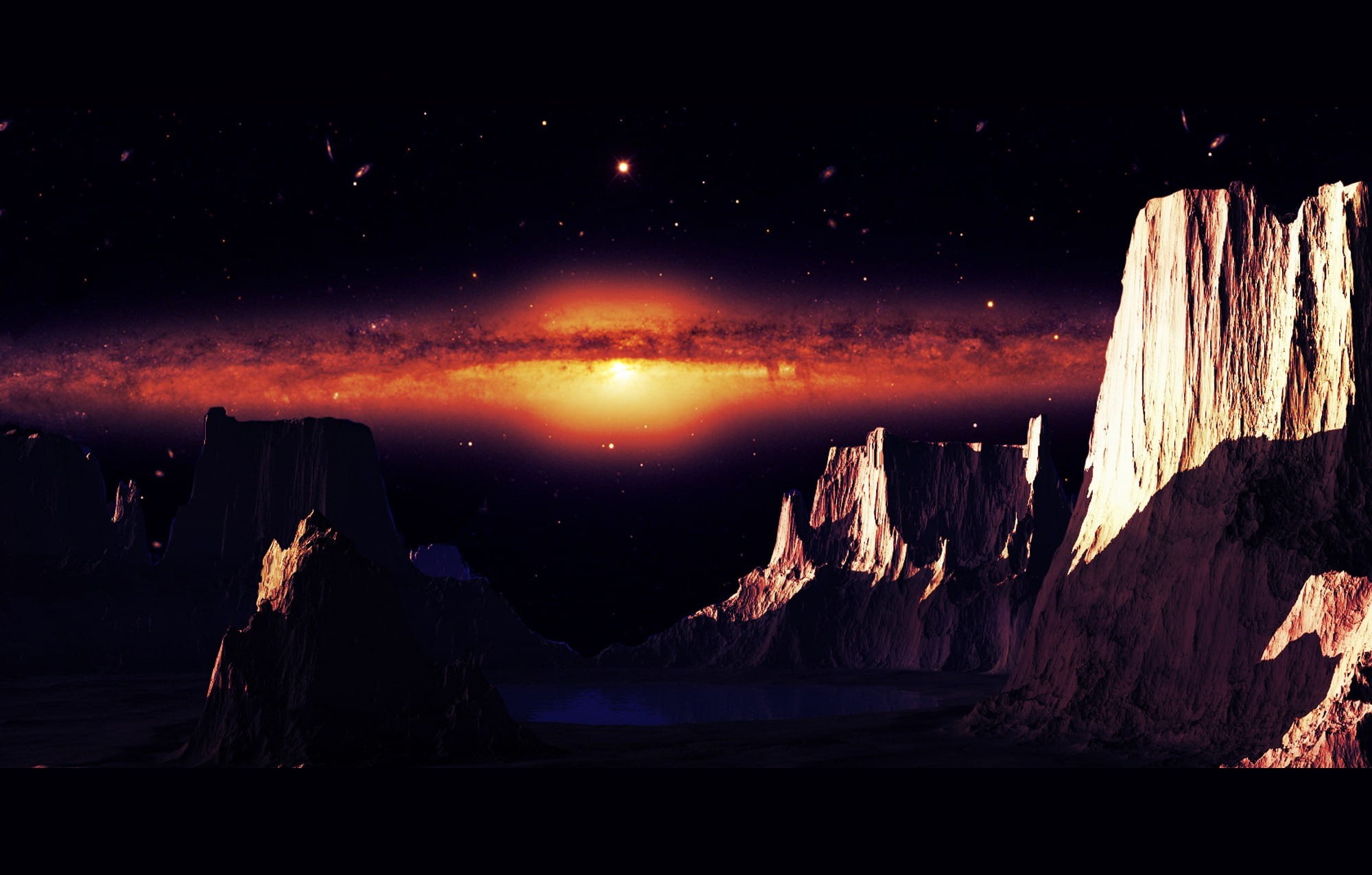 universe, solar system, nature, tranquil scene, space travel, mood, star, artmatic, galaxy, mountains, valley, night time, rock - object, rock, outdoors, HD Wallpaper
