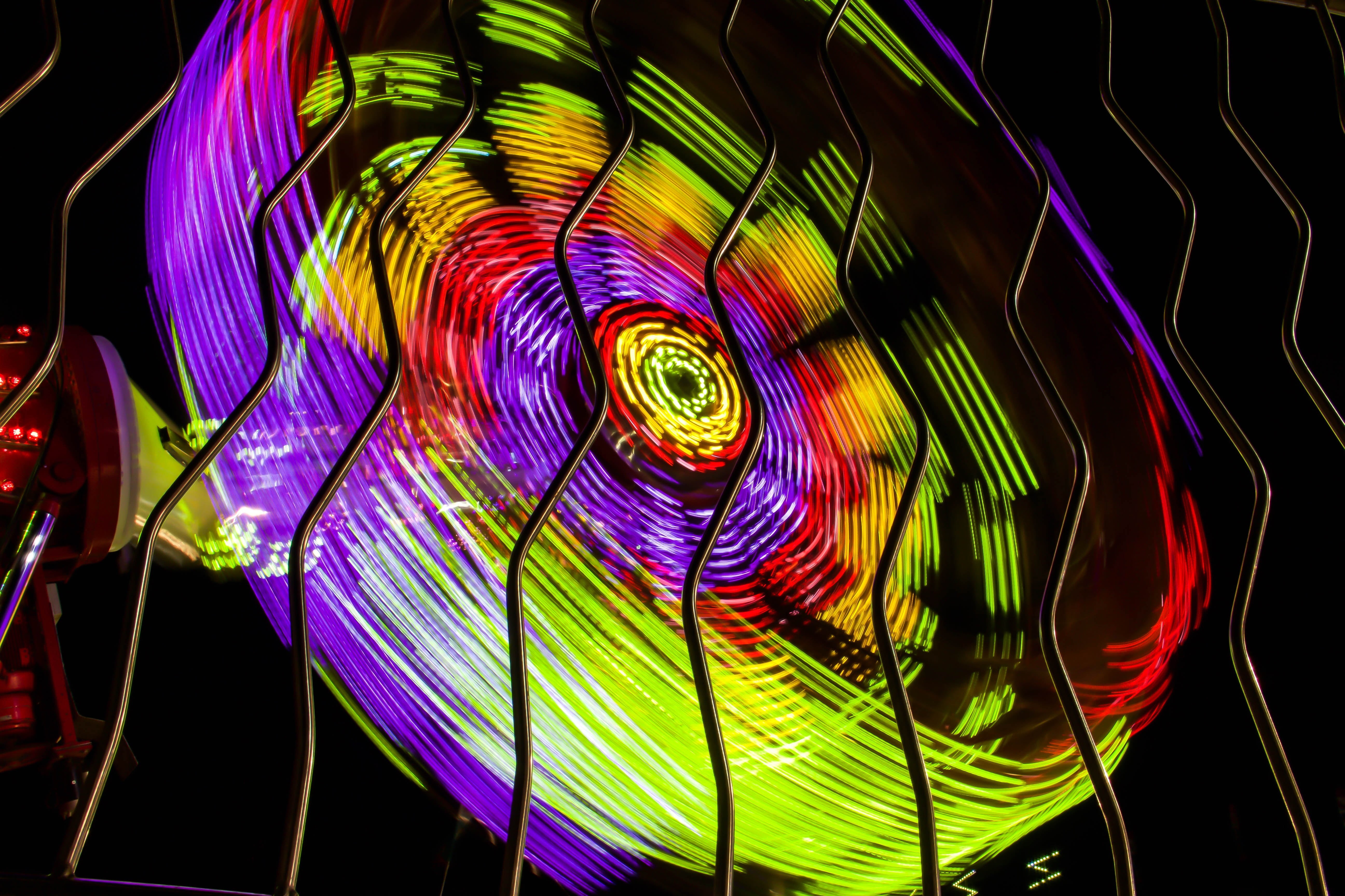 purple, red, black background, blurred motion, light painting, spinning, close-up, abstract, black Color, technology, 5K, nightlife, circle, curve, multi Colored, HD Wallpaper