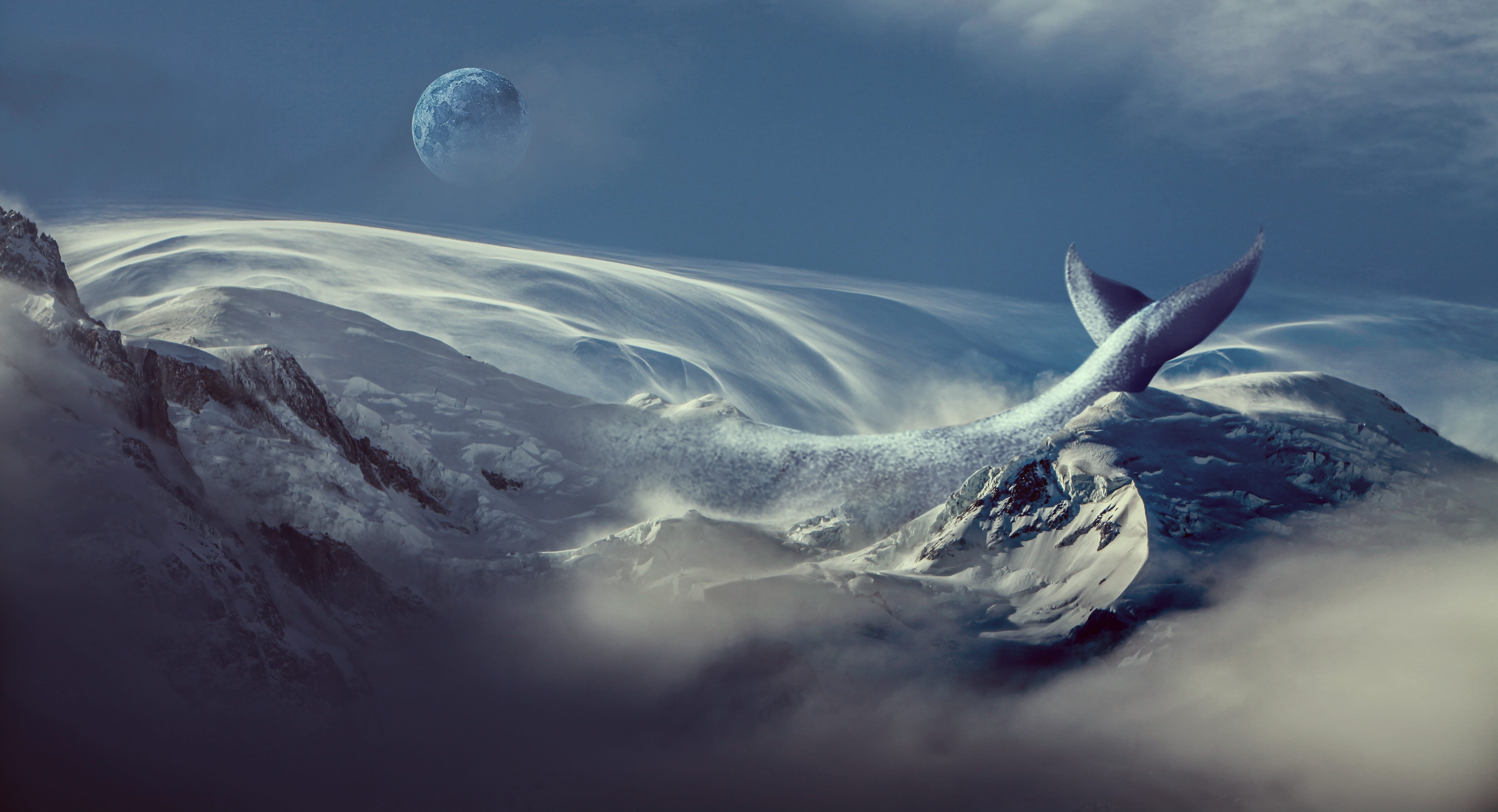 gigantic, mountain, whale, digital, mountains, moon, snow, ice, animal, cold temperature, beautiful, landscape, panoramic, nature, tail, far, sea, fantastic, HD Wallpaper