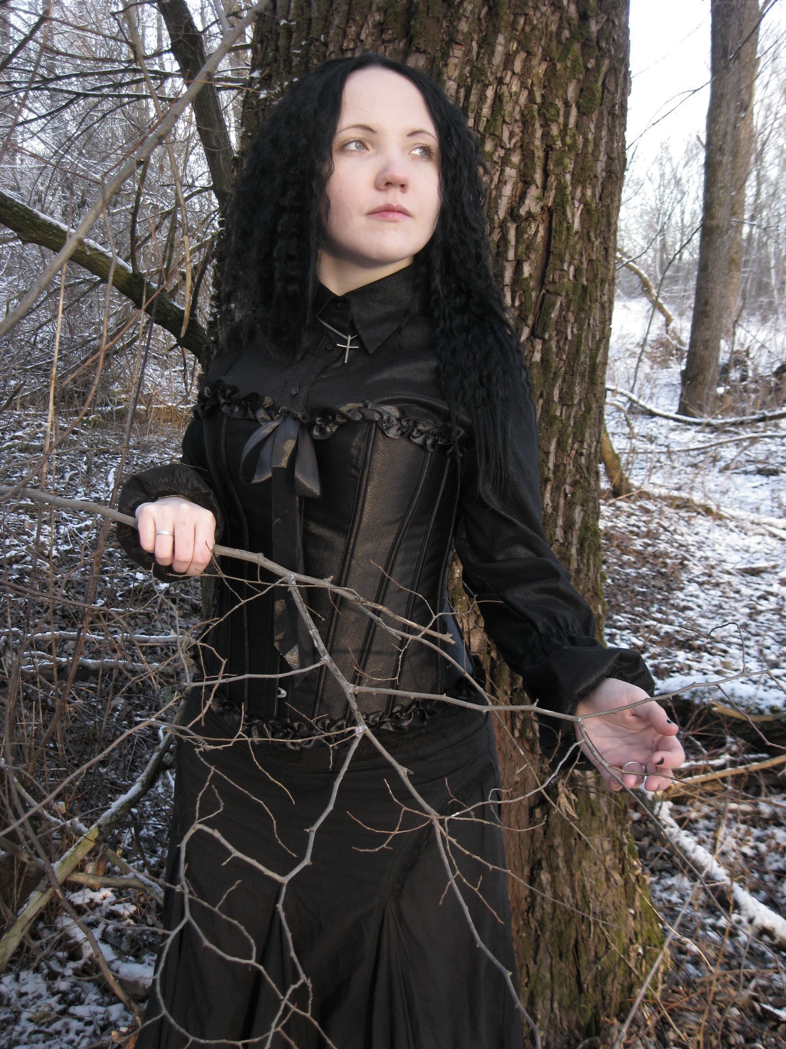 people, 2K, front view, outdoors, women, near, standing, long dress, real people, dream, tree, expressive, gothic, portrait, goth, victorian, contemplation, Phone HD Wallpaper