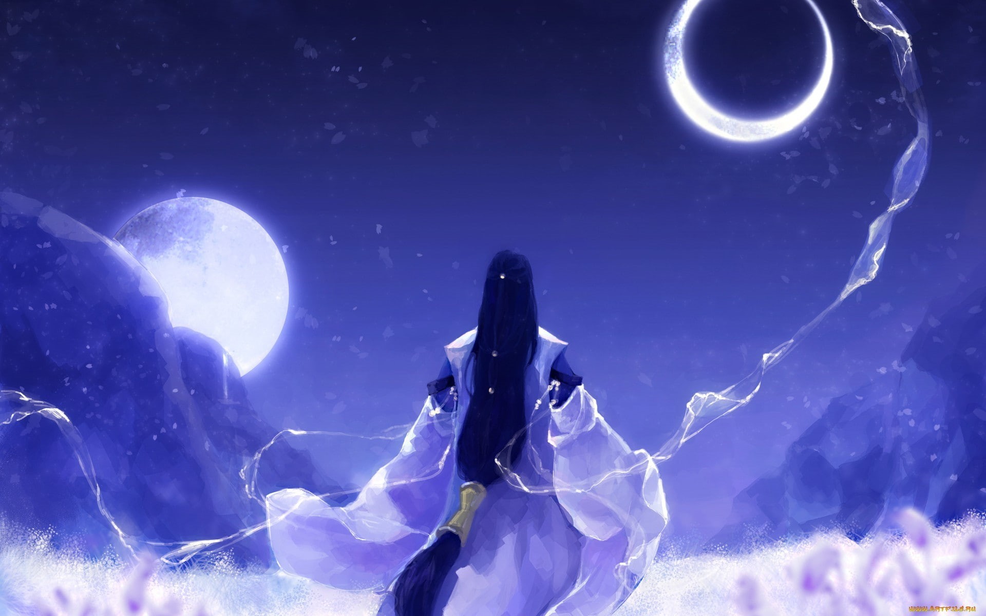 beauty in nature, leisure activity, planet - space, adult, star - space, scenics - nature, nature, one person, tranquility, blue, real people, full moon, HD Wallpaper
