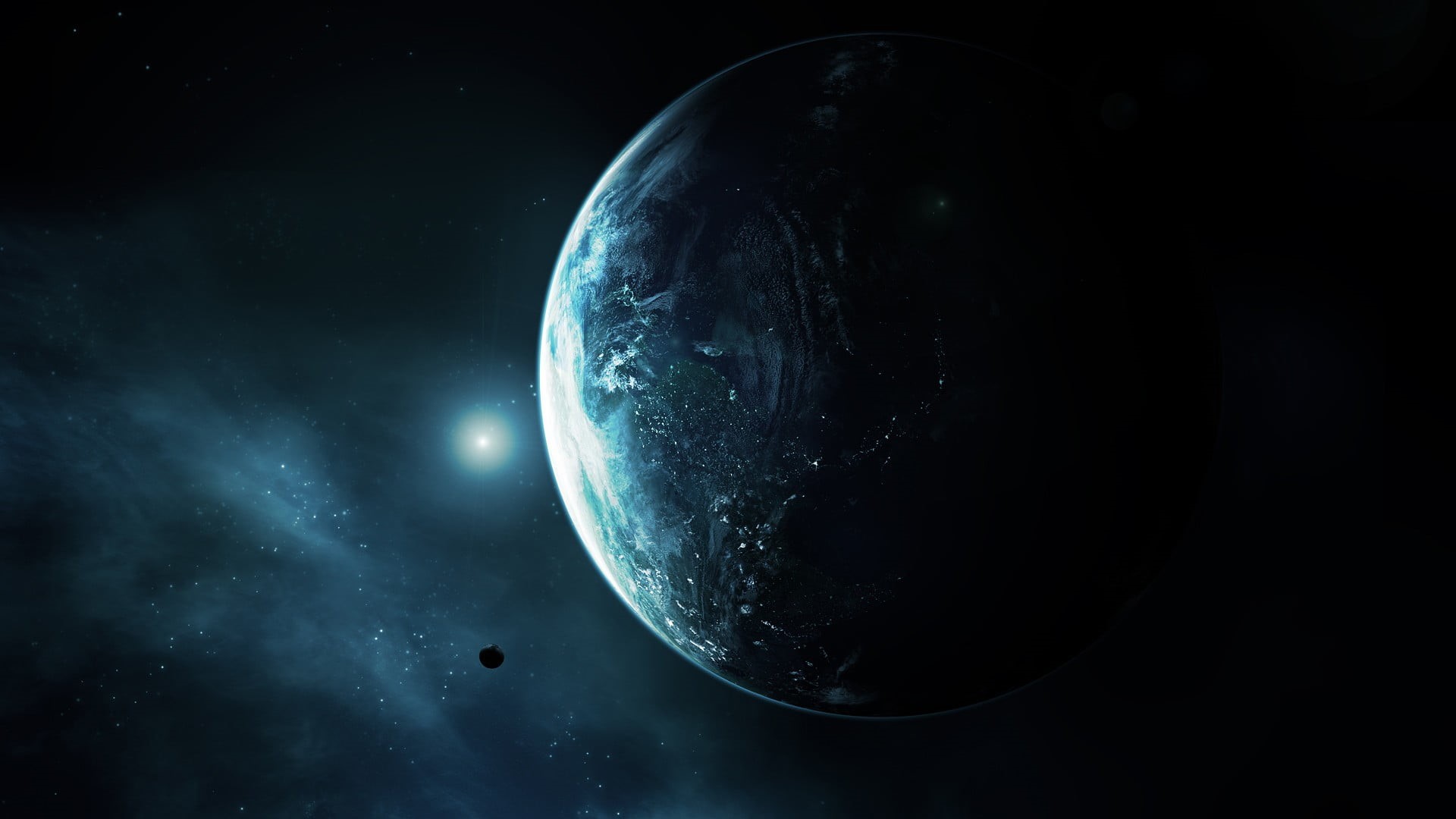 half moon, gray, astronomy, blue, sphere, nature, star - space, sky, satellite view, 1080P, space art, eclipse, planet - space, shape, moon surface, stars, HD Wallpaper