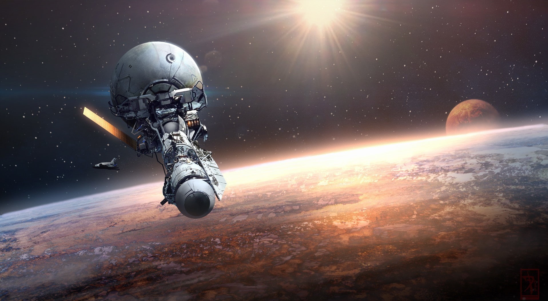 space, security, flying, no people, science fiction, planet - space, planet earth, orbiting, futuristic, technology, sunlight, lens flare, digital composite, HD Wallpaper