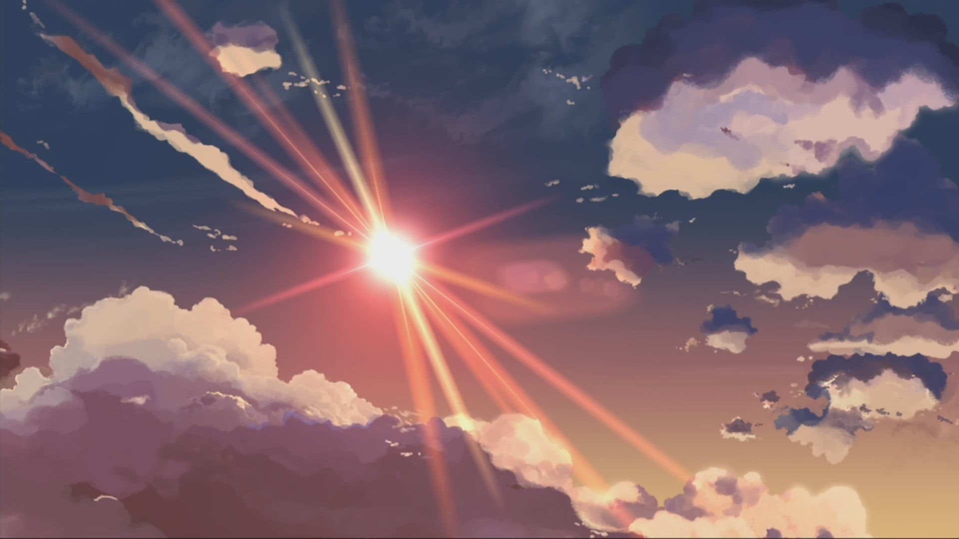 sunny, brightly lit, scenics - nature, no people, nature, orange color, beauty in nature, clouds, anime, non-urban scene, tranquil scene, digital, HD Wallpaper