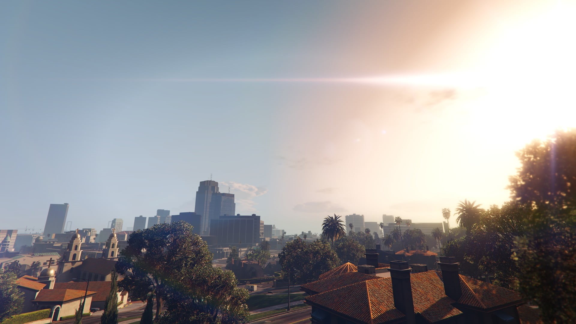 office building exterior, video games, day, no people, air pollution, modern, financial district, high angle view, tree, outdoors, solar flare, sunlight, HD Wallpaper