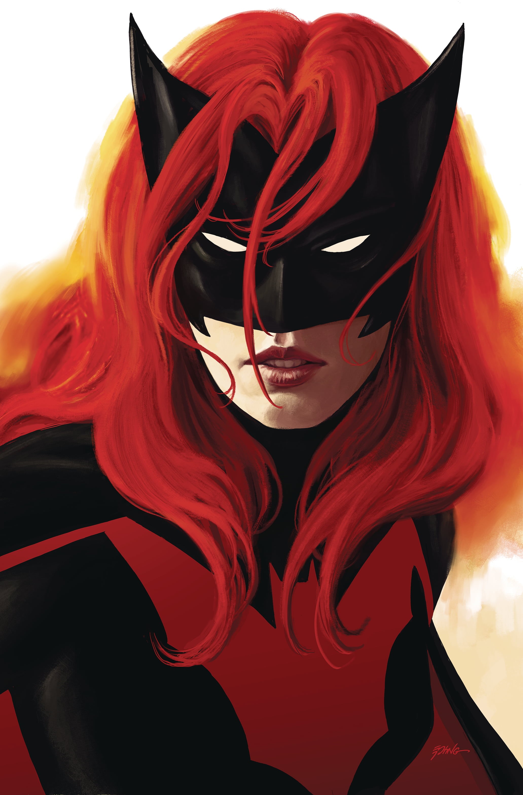 2K, Batwoman, looking at camera, adult, studio shot, dyed red hair, artwork, close-up, black color, fashion, mask - disguise, mask, costume, one person, Phone HD Wallpaper