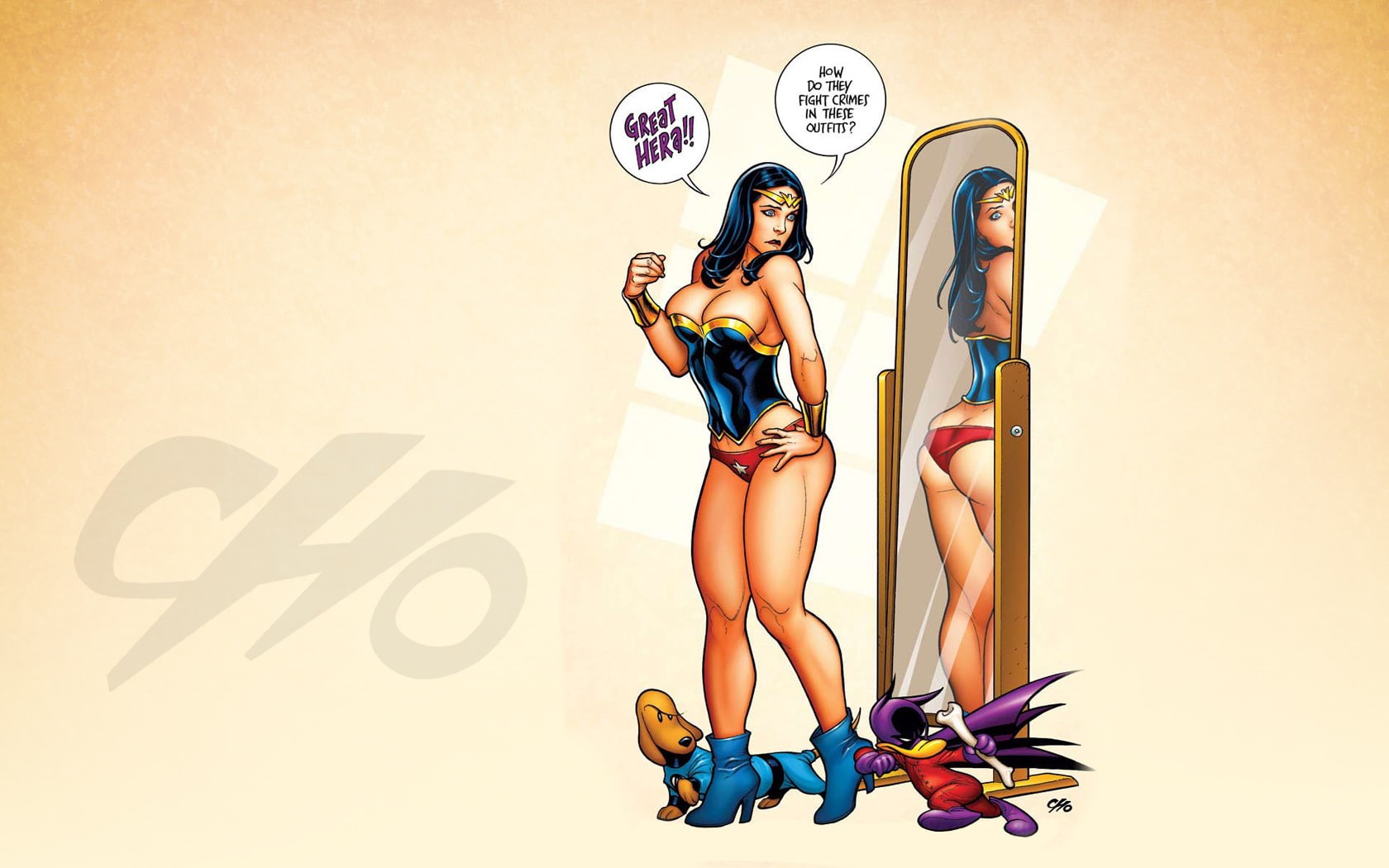 wonder, woman, cartoon/comic, 720P, hd, mirror, dc, reflection, HD Wallpaper