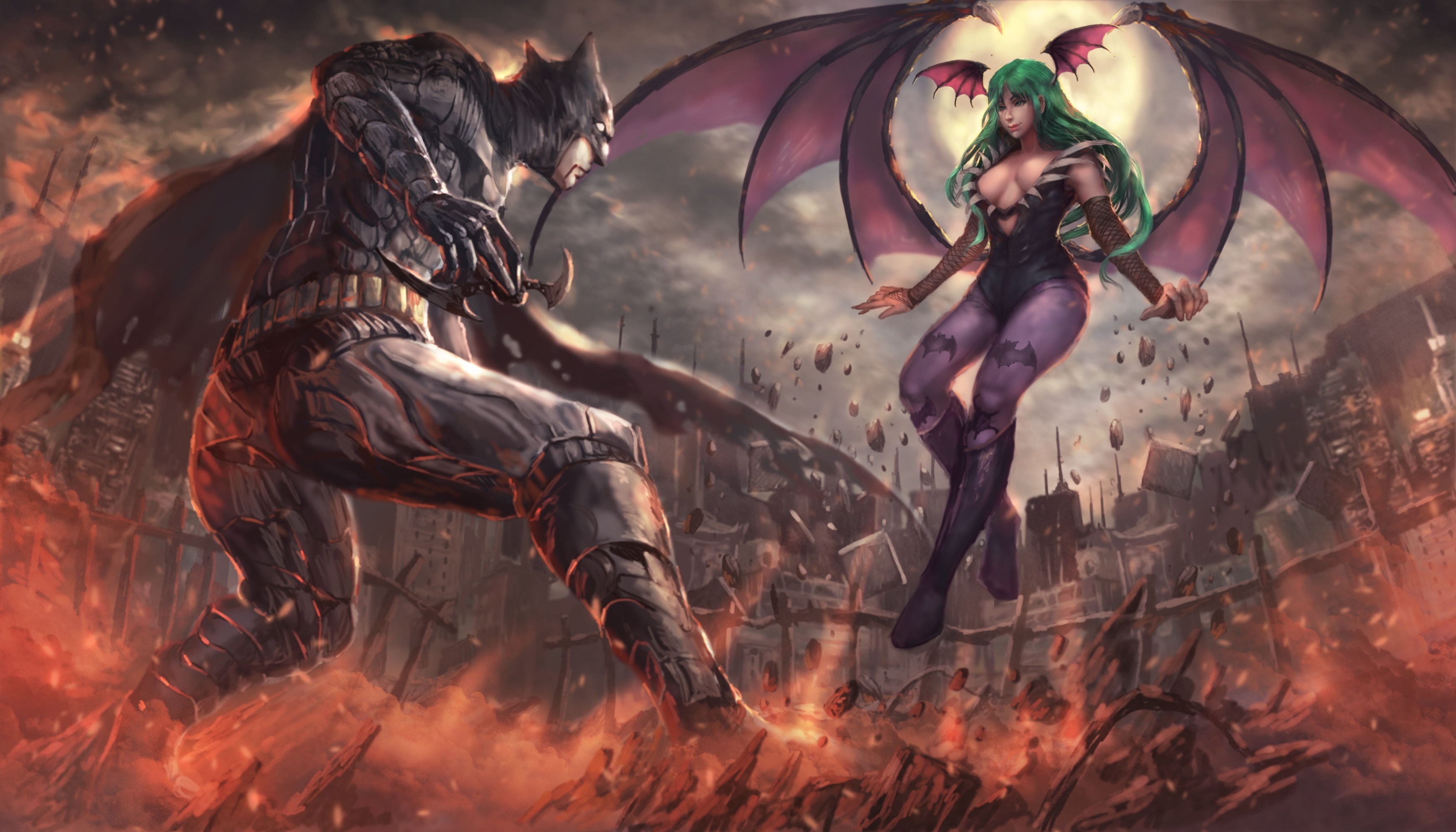 combat, battlefield, man, film, Bruce Wayne, hero, by brightknightcrusader, oppai, girl, Batman, fight, Capcon, Darkstalkers, game, 2K, animated film, HD Wallpaper