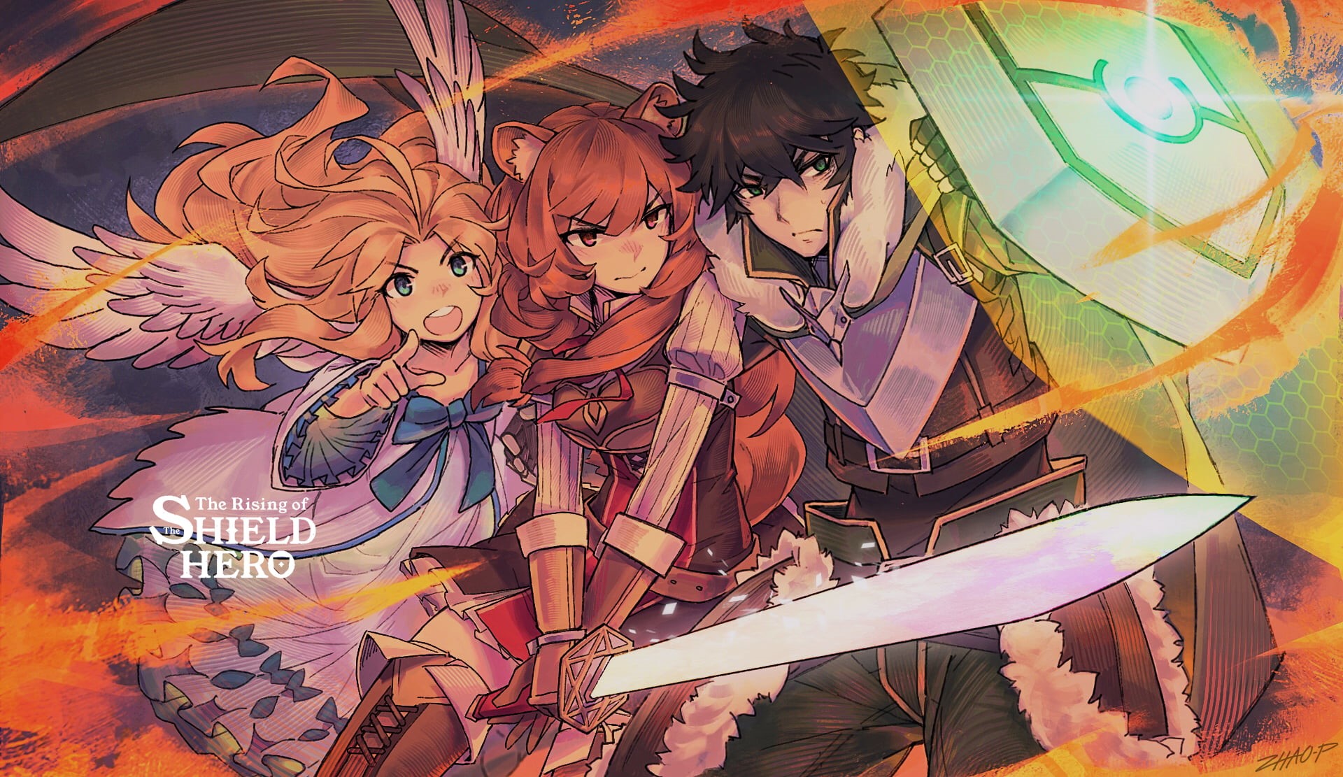 fantasy weapon, Tate no Yuusha no Nariagari, Raphtalia, brunette, sword, fan art, digital art, long hair, blond hair, 1080P, fire, Iwatani Naofumi, Filo (Tate no Yuusha no Nariagari), HD Wallpaper