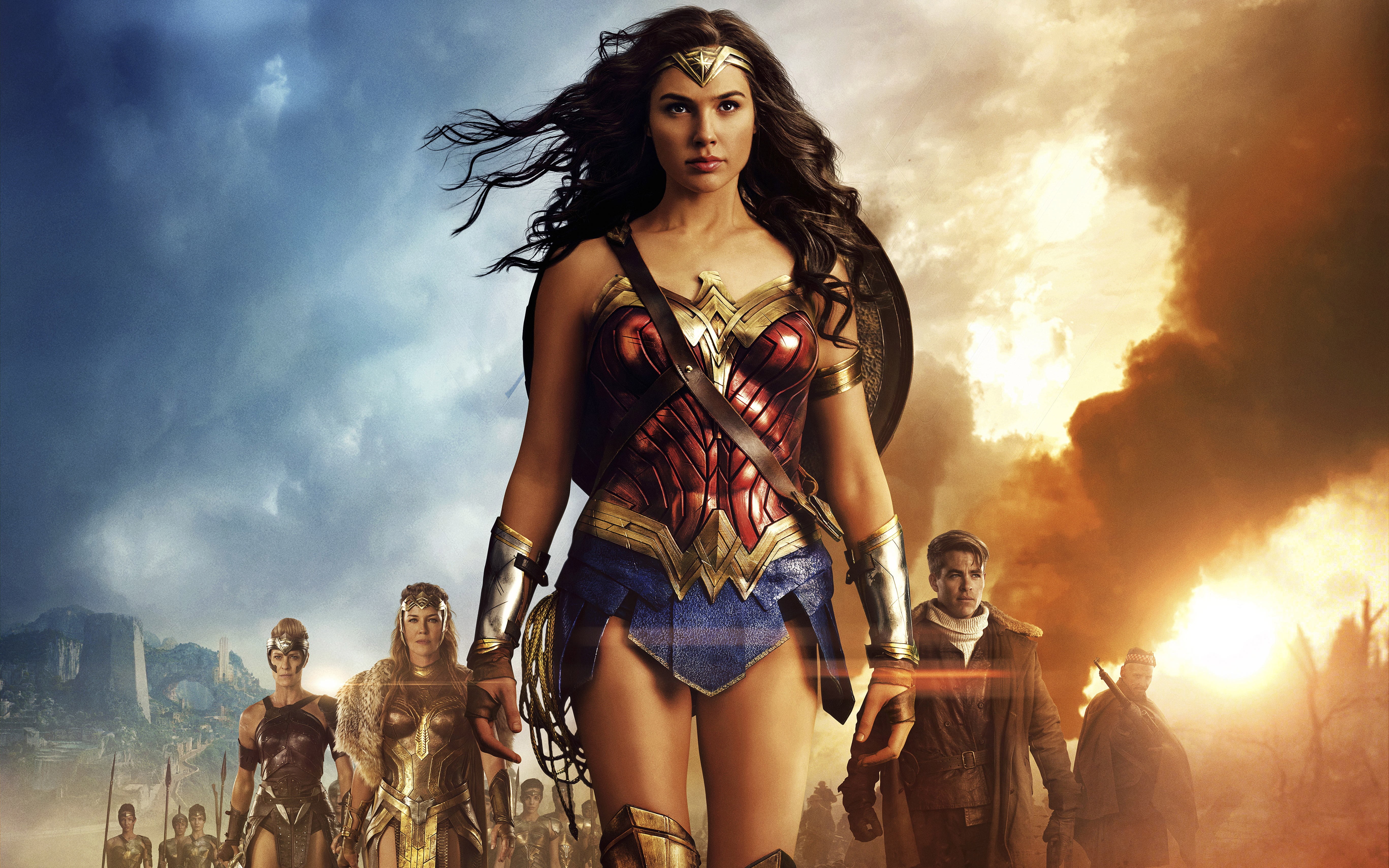 hairstyle, hd, nature, movies, super heroes, women, 4k, cloud - sky, standing, 2017 movies, portrait, clothing, young women, beauty, sky, gal gadot, people, HD Wallpaper