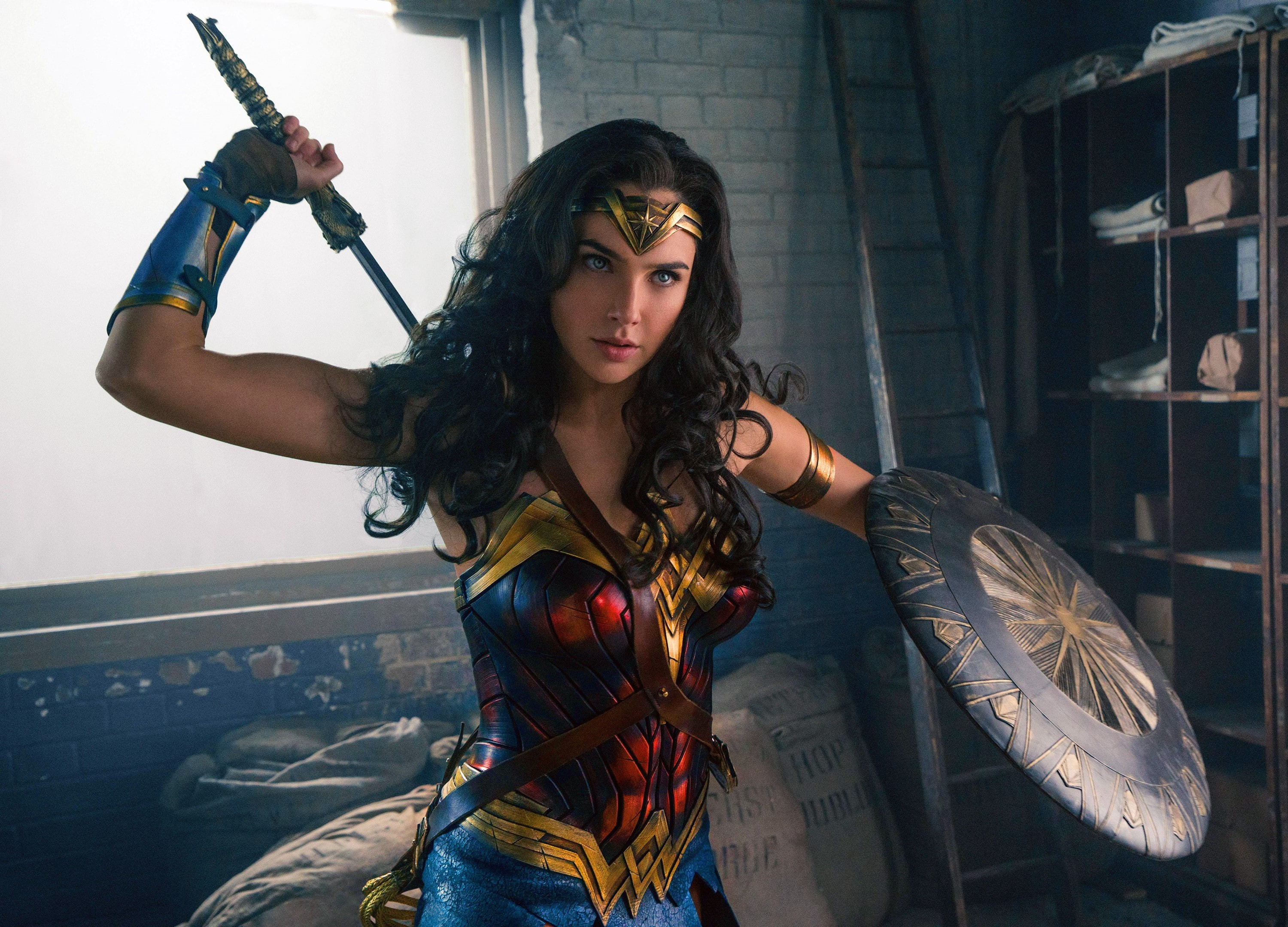 long hair, indoors, super heroes, lifestyles, beautiful woman, 2017 movies, hair, movies, hairstyle, portrait, wonder woman, one person, fashion, holding, HD Wallpaper