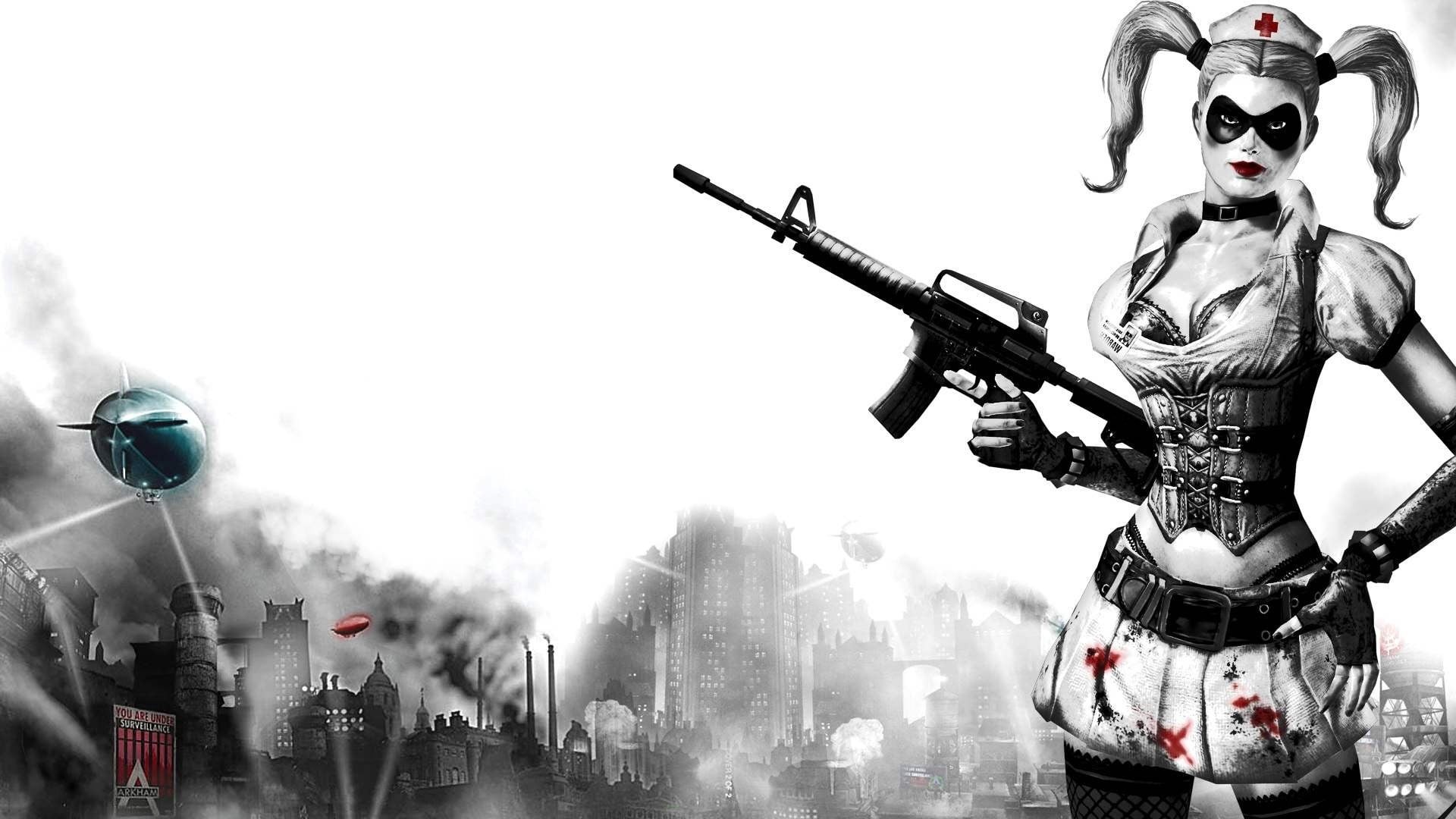 weapon, 1080P, representation, sky, human representation, architecture, Batman, aggression, Harley Quinn, front view, sign, protection, built structure, HD Wallpaper
