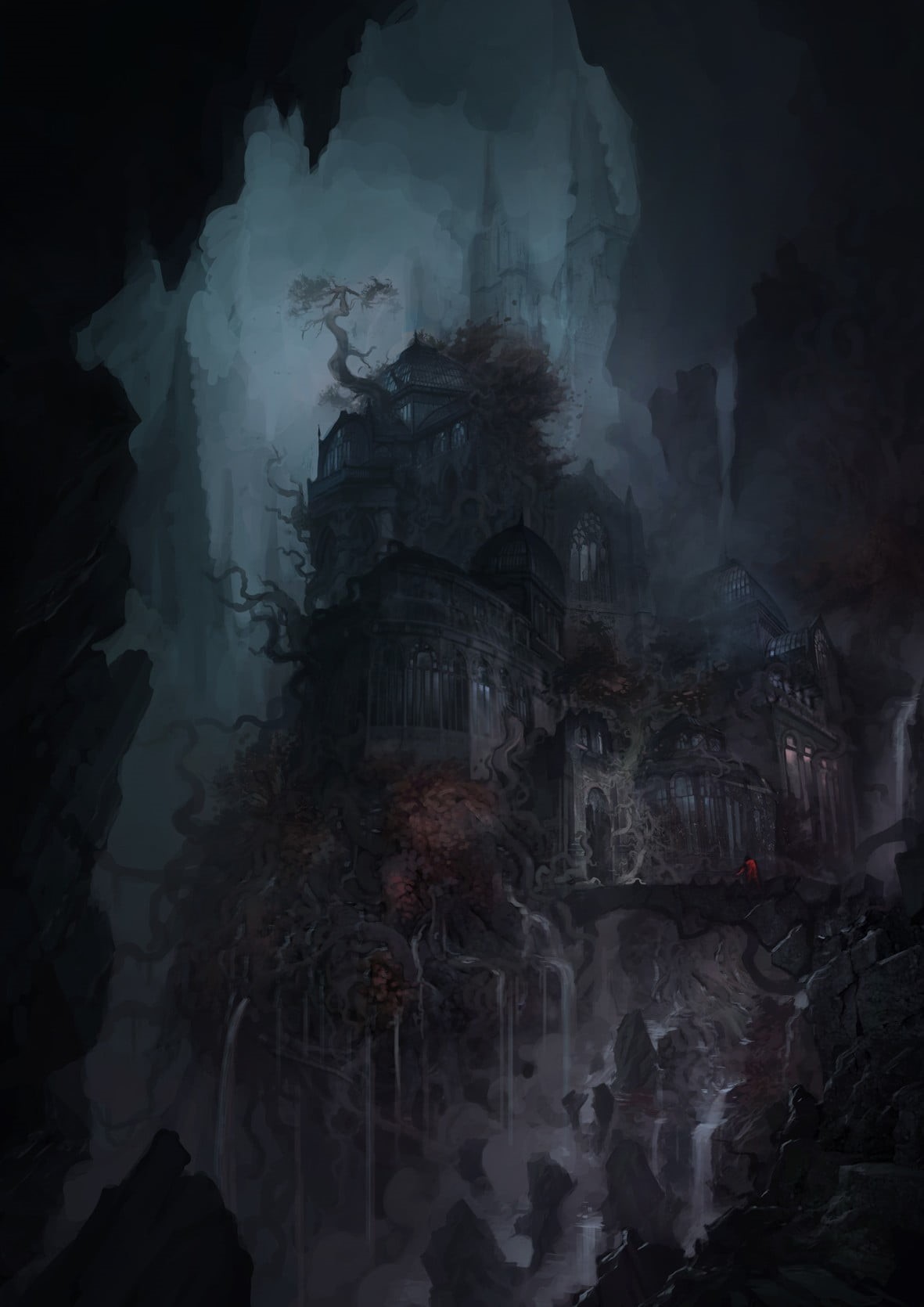 rock, spooky, nature, solid, 720P, digital composite, no people, hunted, mystery, architecture, dark, fear, house, cave, building, painting, travel destinations, Phone HD Wallpaper
