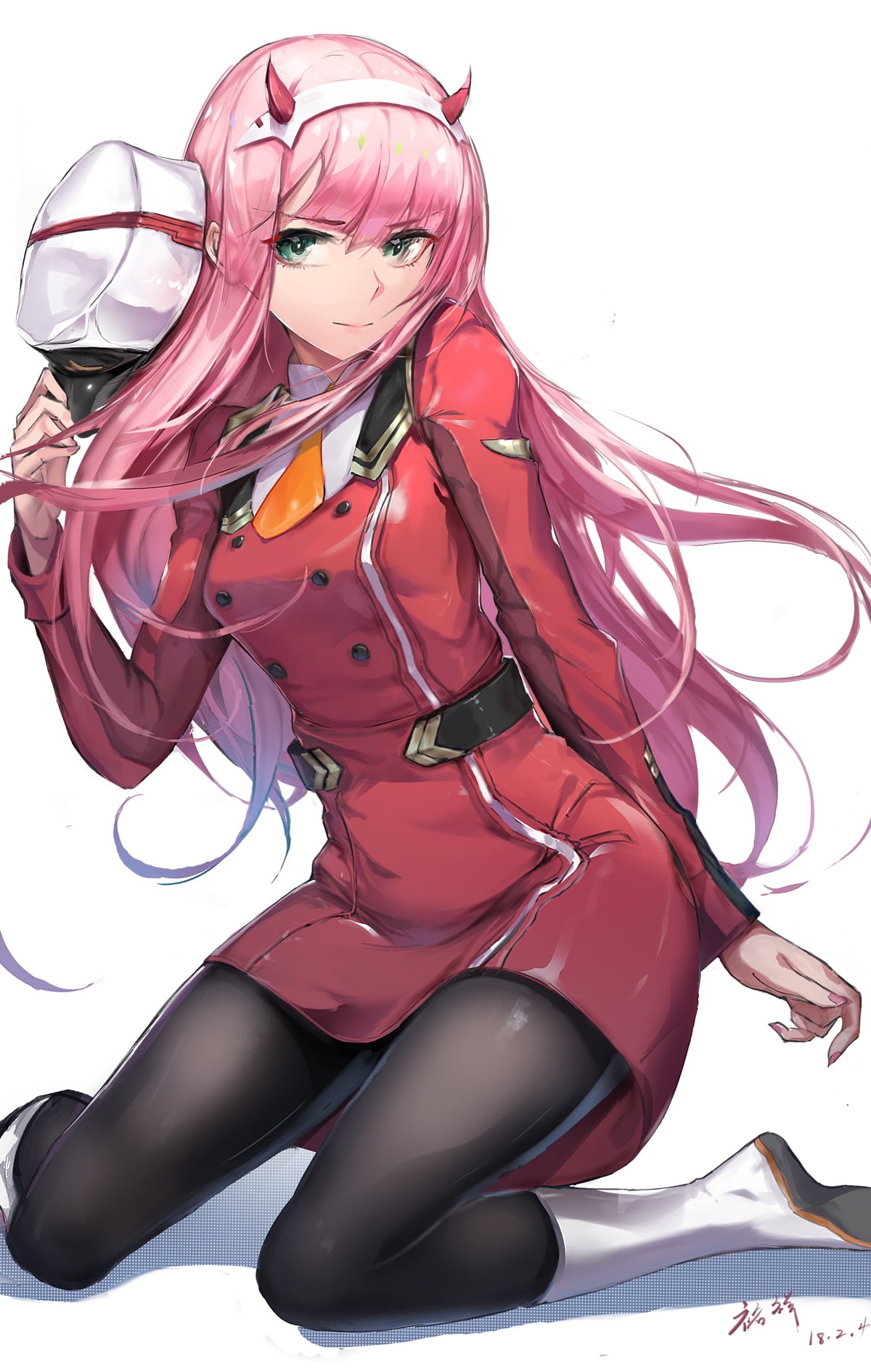 pink hair, simple background, portrait display, green eyes, 720P, uniform, Darling in the FranXX, anime, vertical, tie, Zero Two (Darling in the FranXX), Phone HD Wallpaper