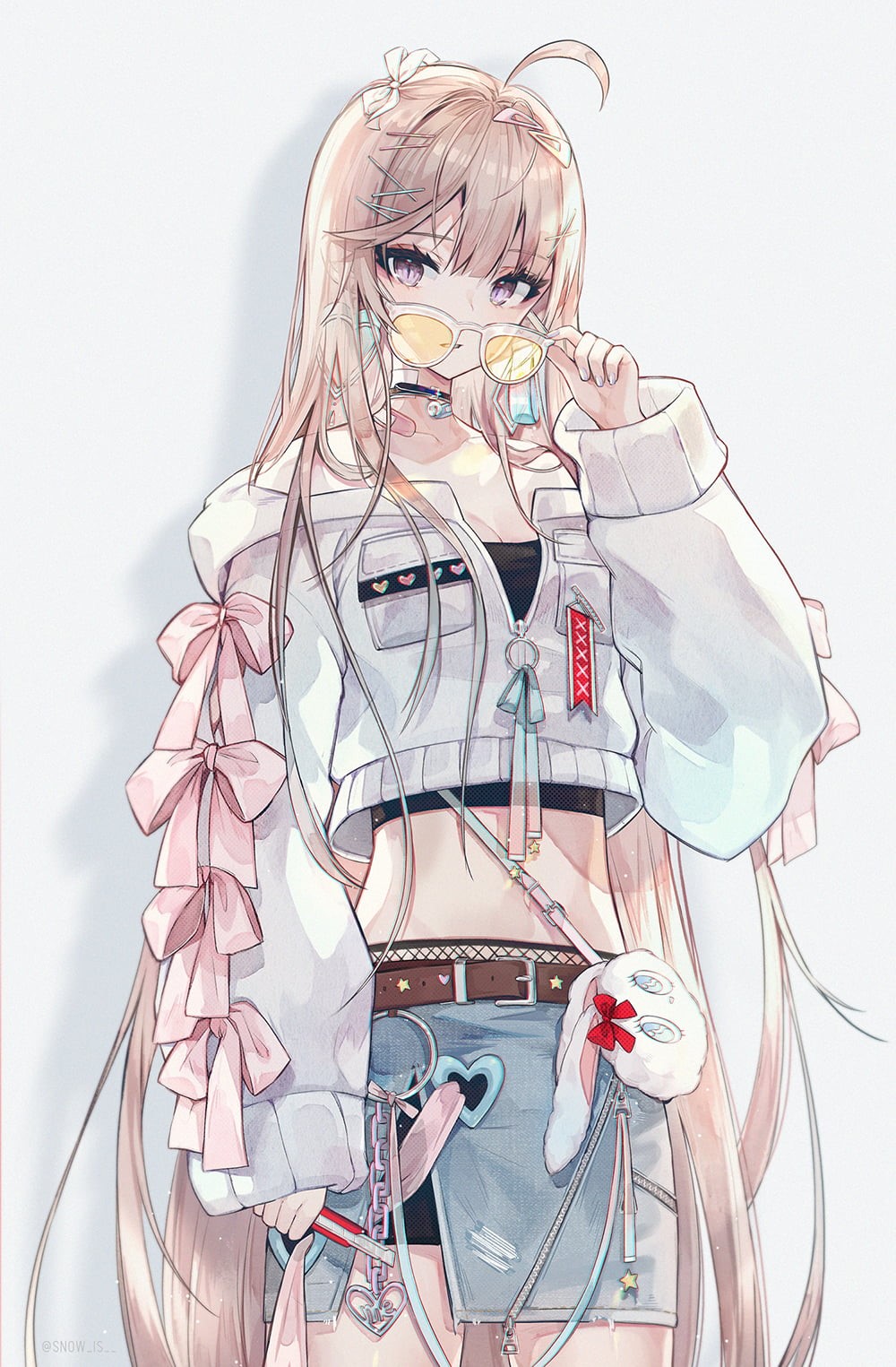 artwork, long hair, anime girls, blue eyes, sunglasses, skirt, 720P, anime, vertical, portrait display, digital art, original characters, blonde, jacket, Phone HD Wallpaper