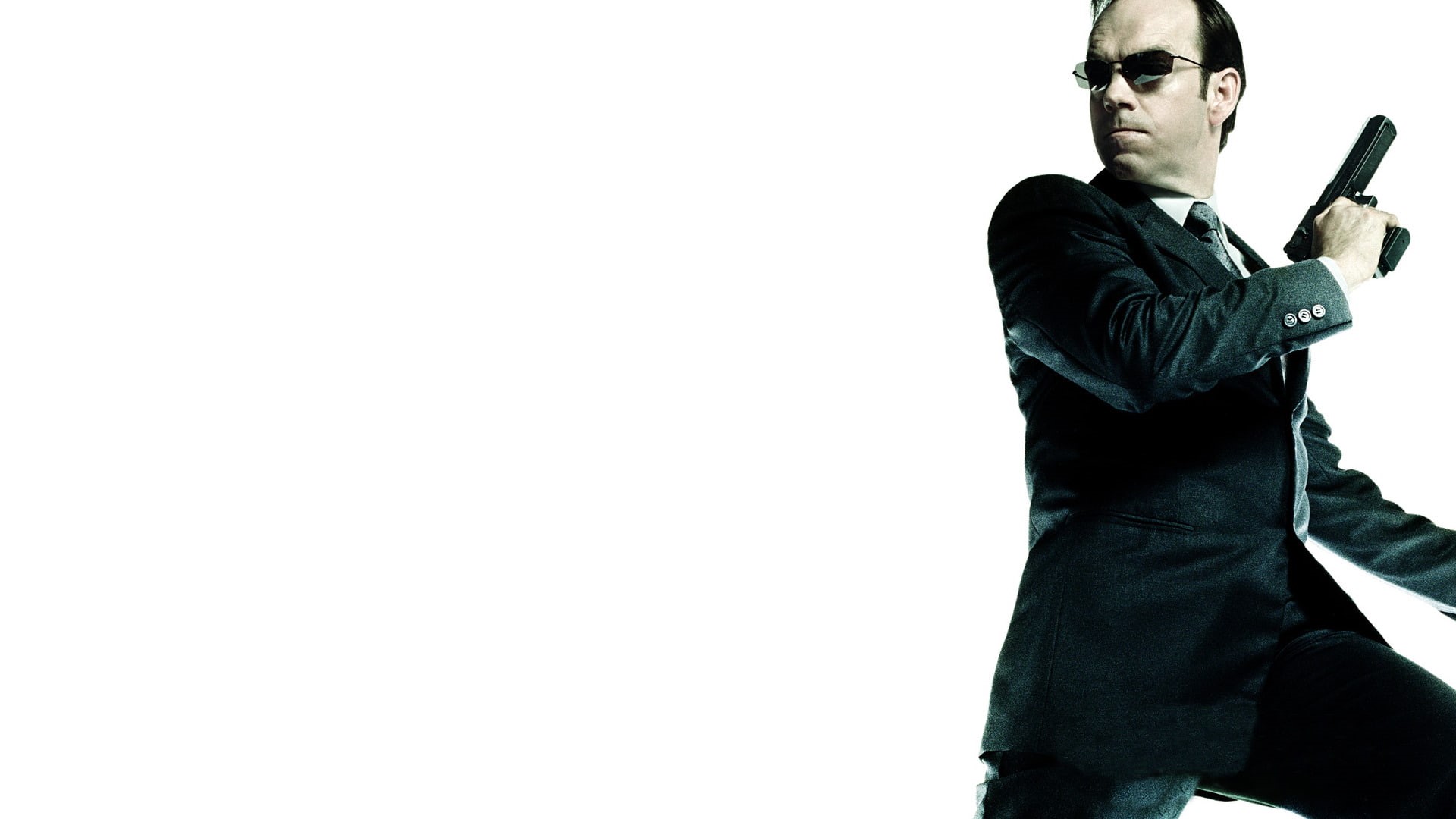 weapon, indoors, white background, studio shot, lifestyles, clothing, men, three quarter length, 1080P, the matrix movies hugo weaving agent smith, looking, HD Wallpaper
