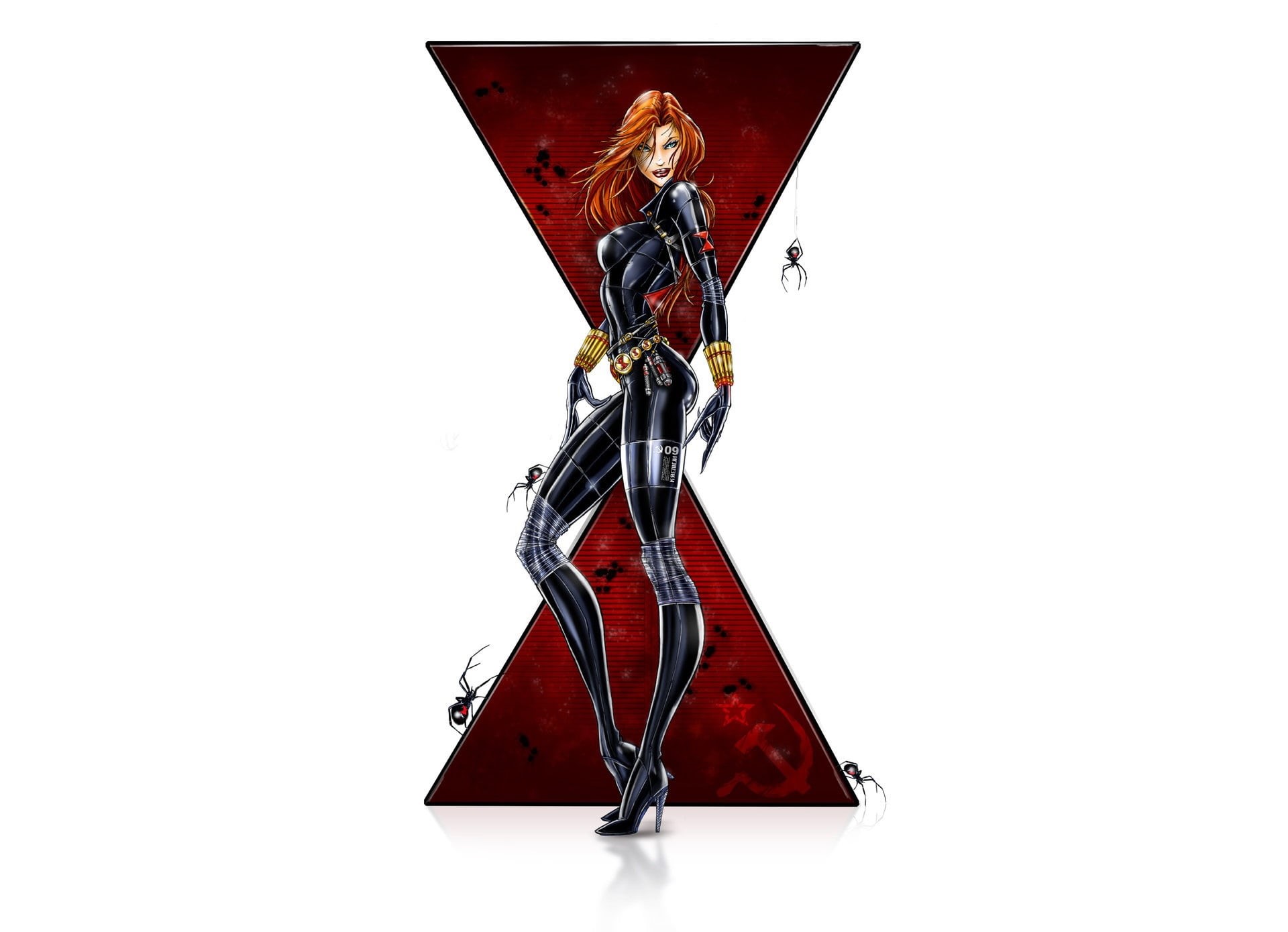 Marvel, simple background, blue eyes, minimalism, superhero, artwork, girl, fantasy art, comics, illustration, suit, spiders, 1080P, redhead, Jamie Tyndall, HD Wallpaper