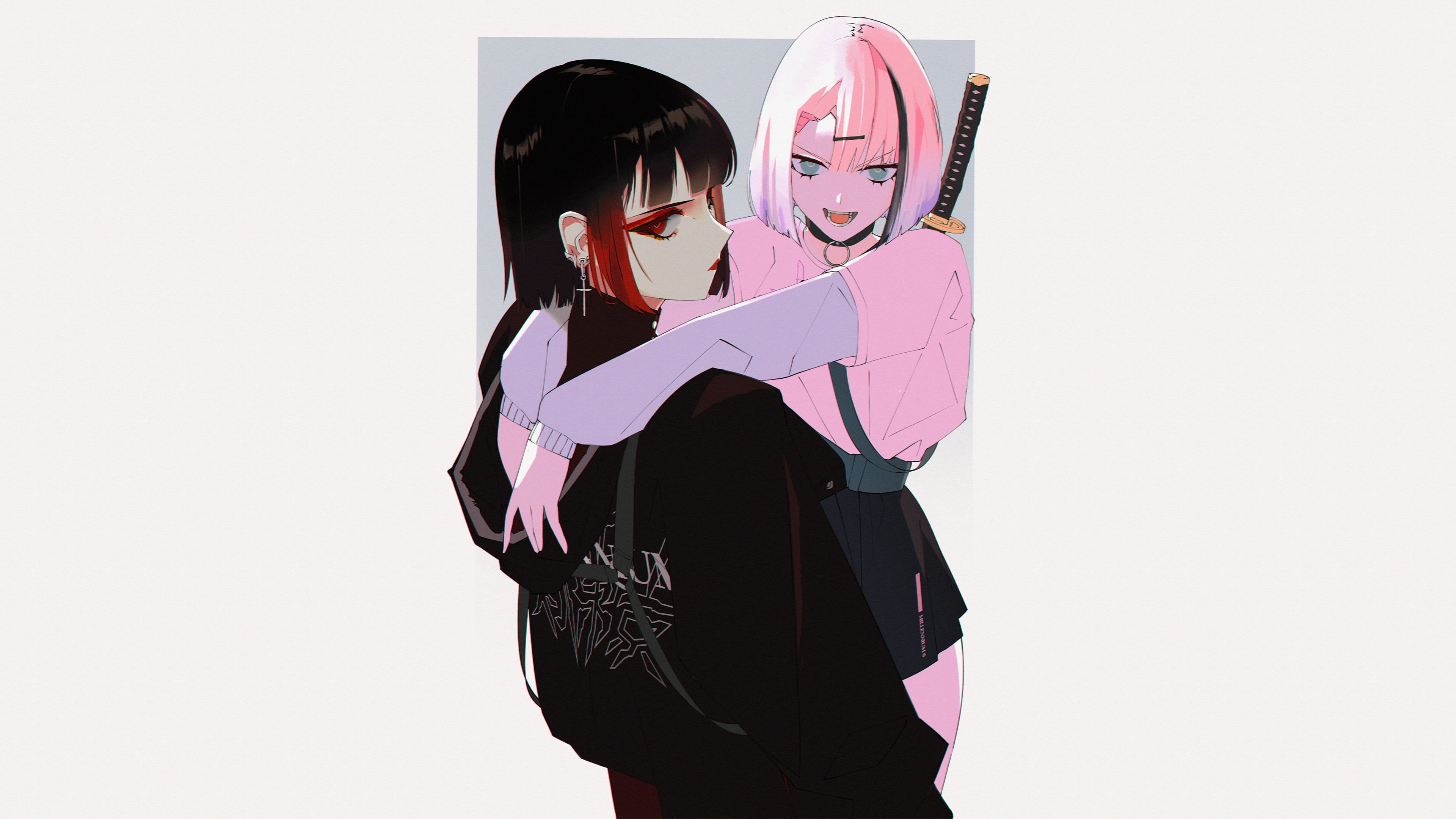 simple background, Vinne, anime, digital art, pink hair, long sleeves, eyeliner, 4K, blue eyes, choker, anime girls, earring, original characters, sword, HD Wallpaper