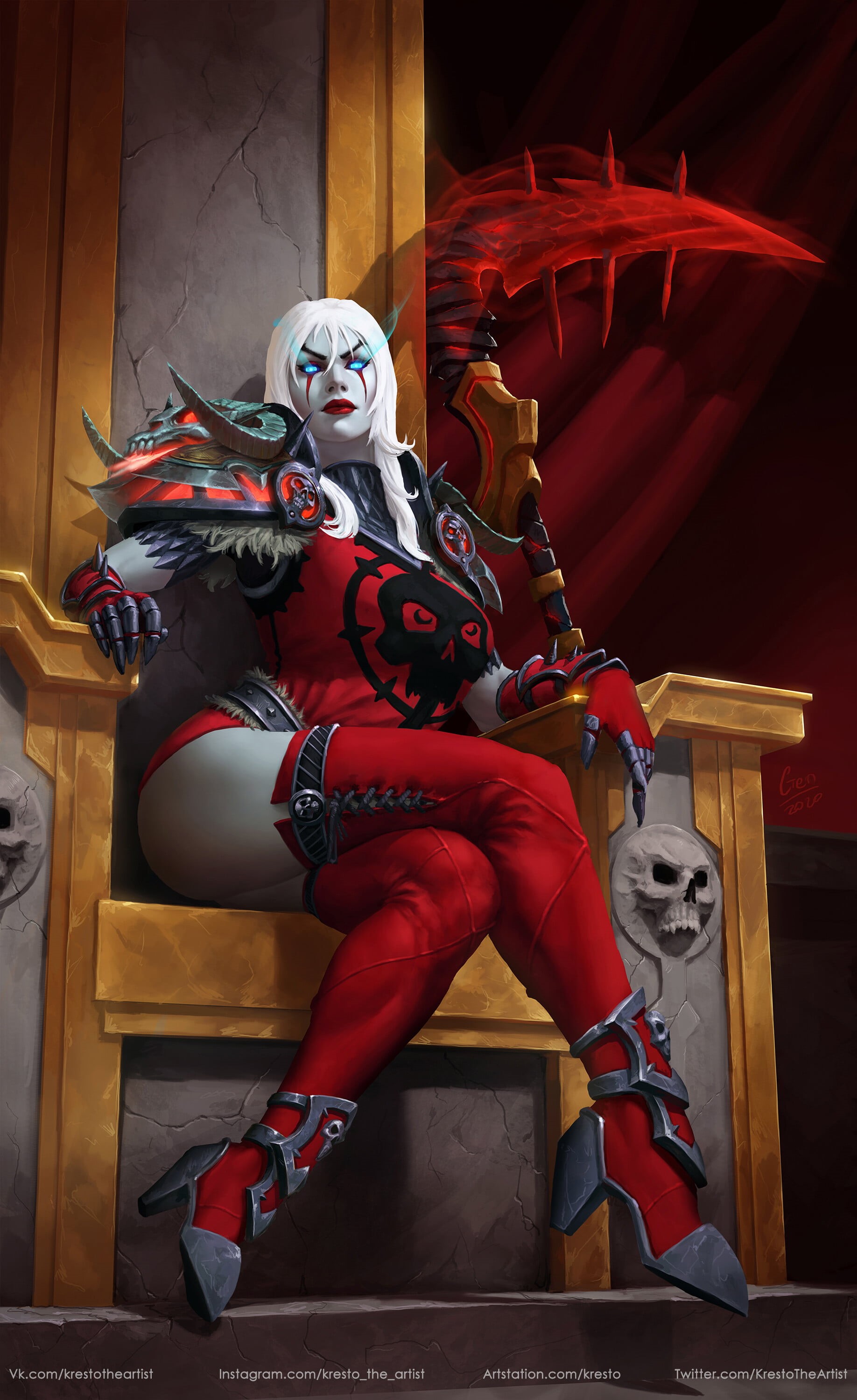 artwork, Throne Room, game art, red socks, video game art, thighs, red clothing, blond hair, long hair, lipstick, weapon, looking at viewer, white hair, Phone HD Wallpaper