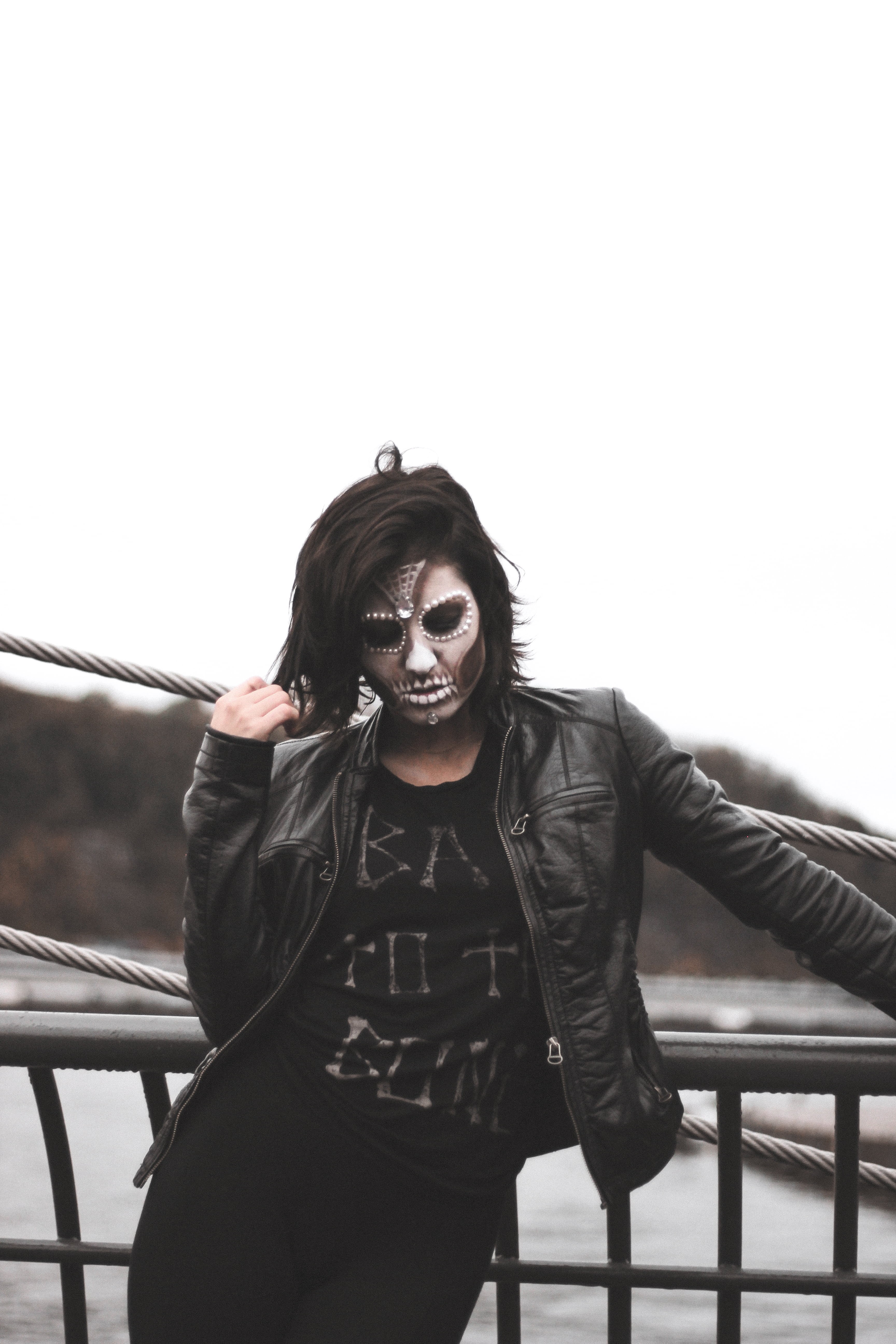 clothing, model, three quarter length, gothic, pose, black leather jacket, leather, casual clothing, halloween, hair, person, scary, front view, railing, Phone HD Wallpaper