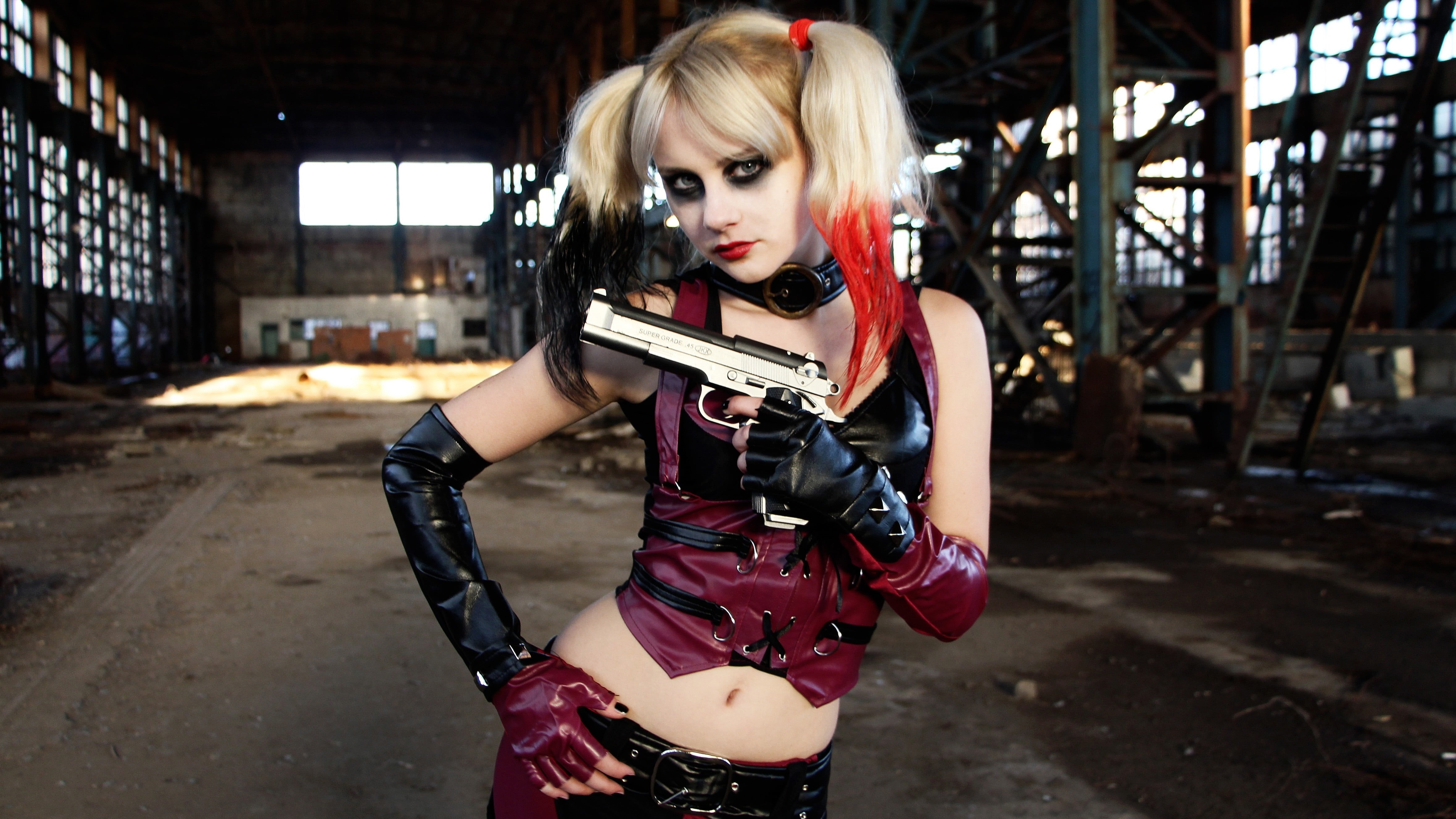 blond hair, standing, lifestyles, hair, dyed hair, abandoned, blonde, hairstyle, gun, pistol, indoors, young women, portrait, looking at viewer, young adult, HD Wallpaper