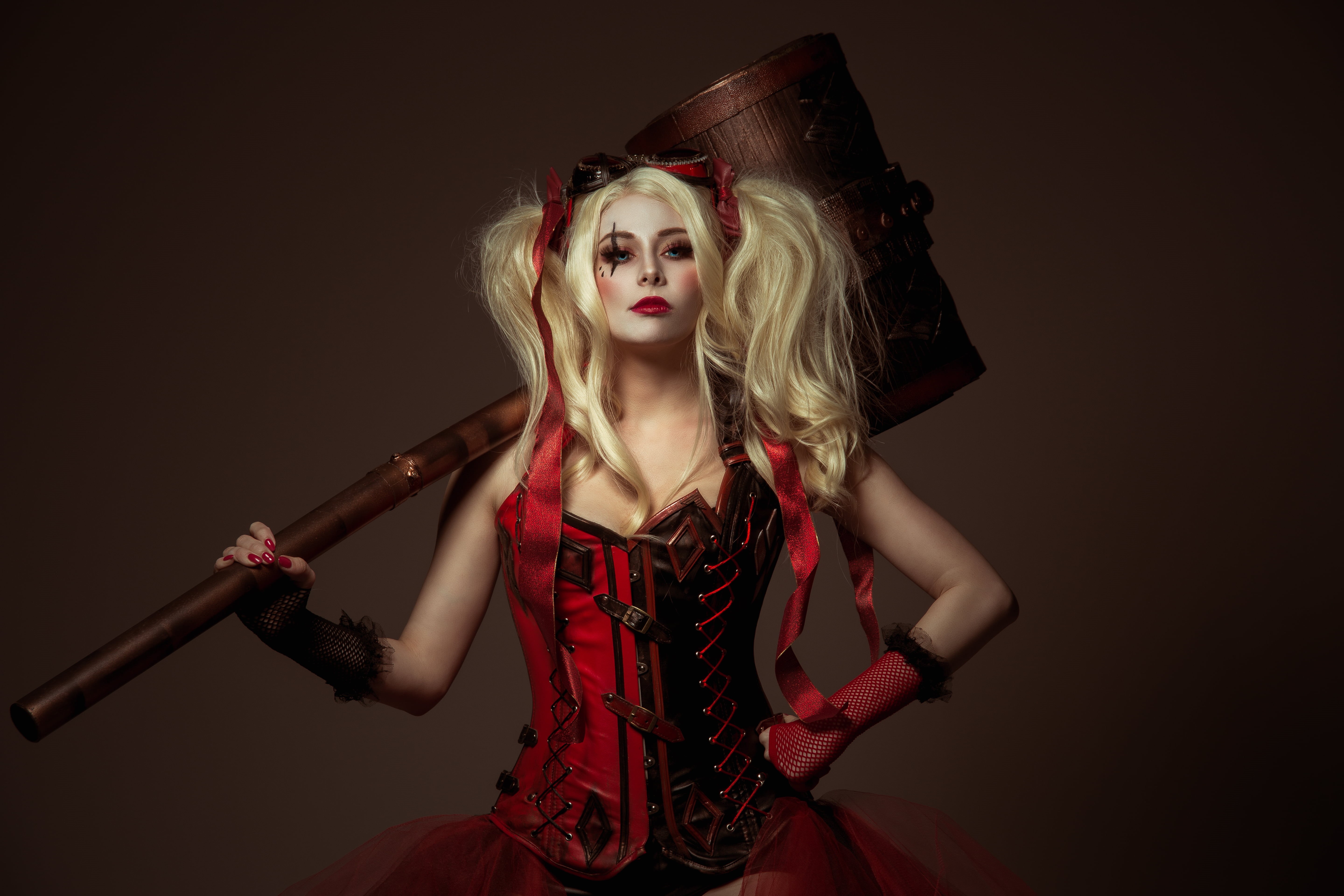 Blonde, DC Comics, 5K, Cosplay, Lipstick, Women, Twintails, Harley Quinn, Blue Eyes, HD Wallpaper