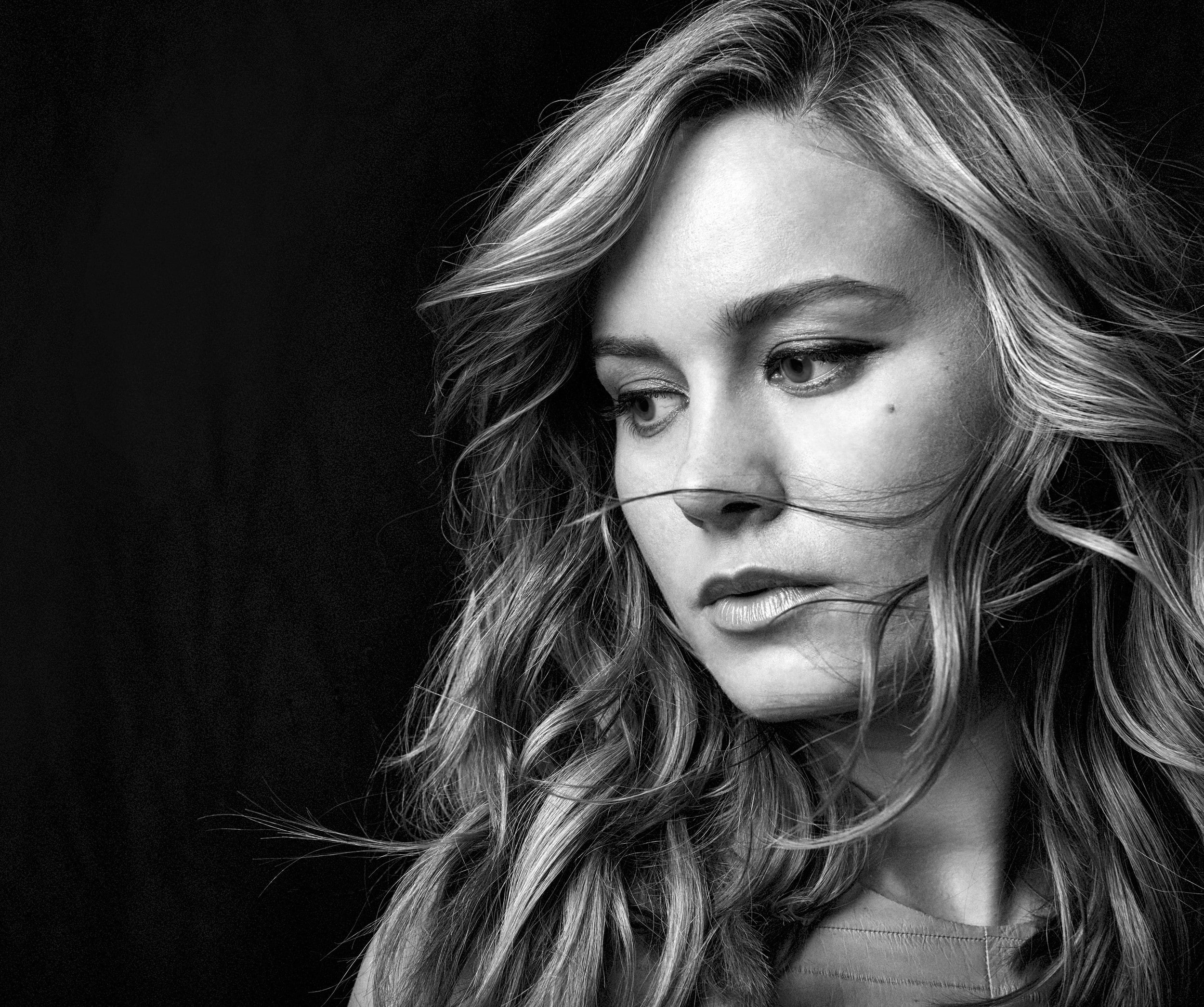actress, monochrome, face, women, looking away, model, Brie Larson, 1080P, HD Wallpaper