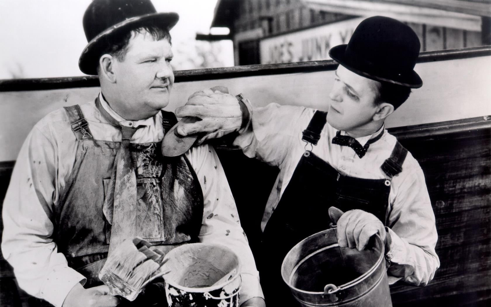 humor, holding, front view, day, movies, man, people, leisure activity, uniform, woman, 720P, Laurel and Hardy, waist up, photo, men, lifestyles, males, HD Wallpaper