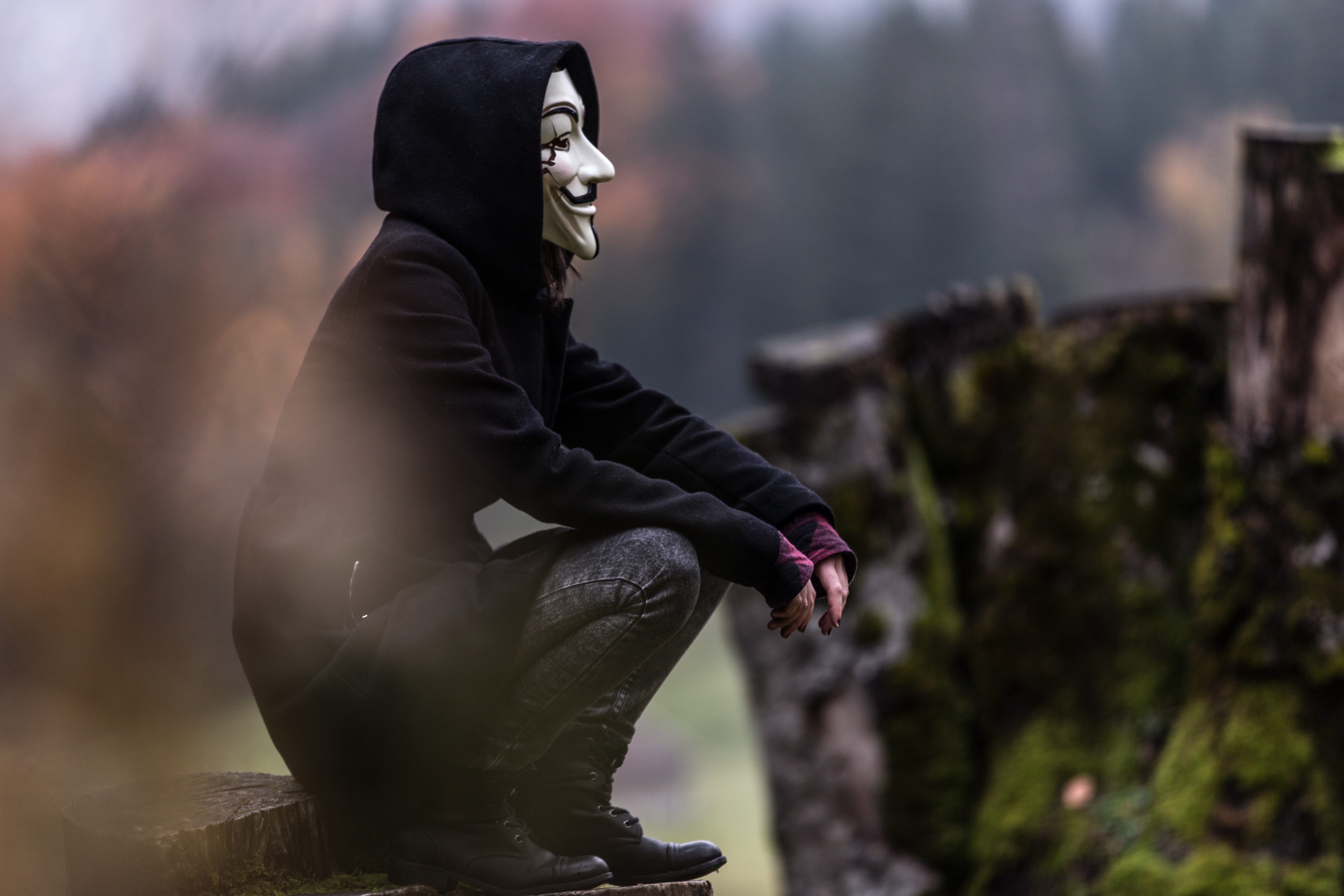 sculpture, person, sit, lifestyles, mask, jacket, focus on foreground, style, side view, blur, focus, close-up, wear, day, human representation, black, HD Wallpaper