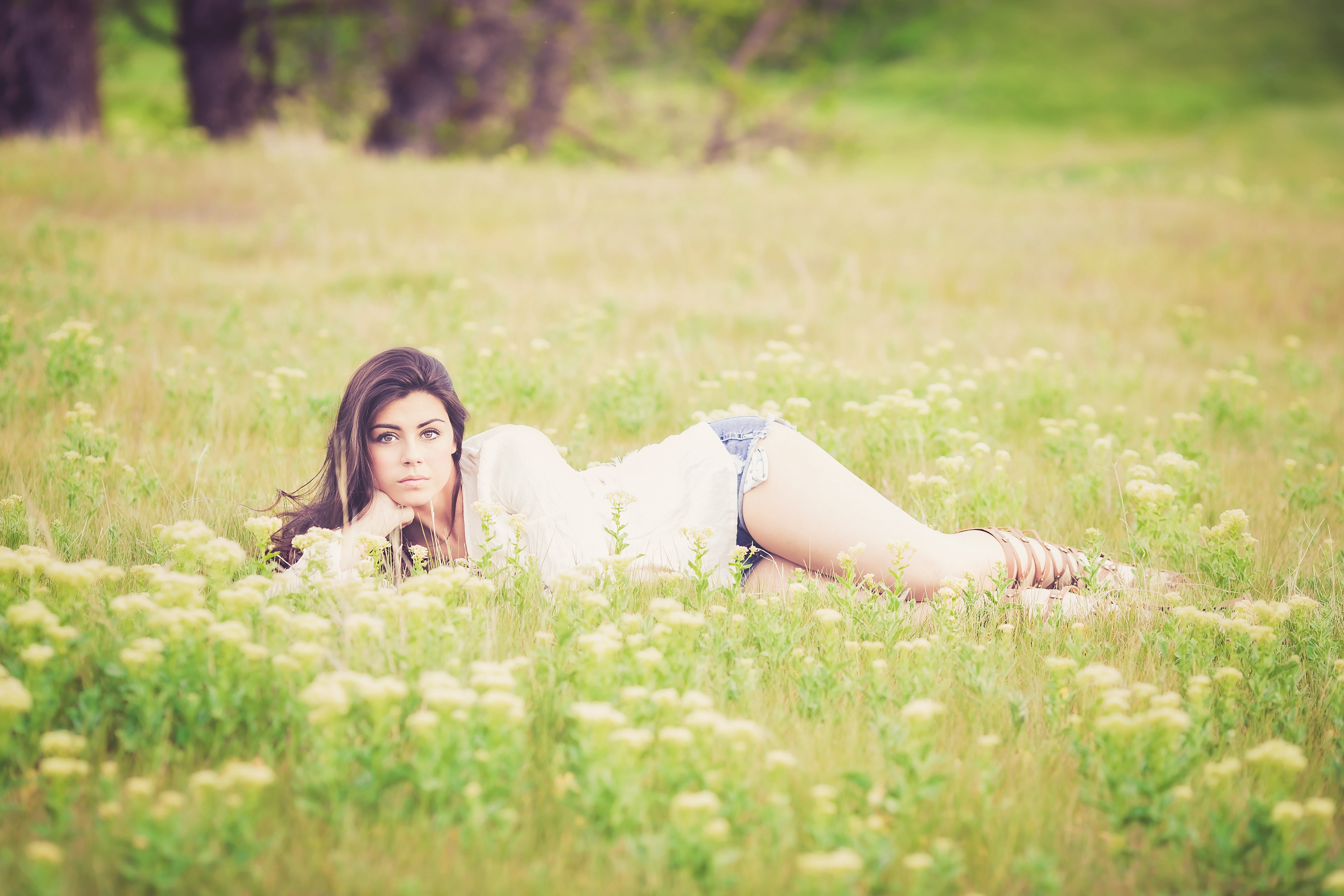 young, pose, nature, contemplation, person, countryside, woman, happiness, beautiful, park, grass, summer, pretty, attractive, grass field, green color, HD Wallpaper