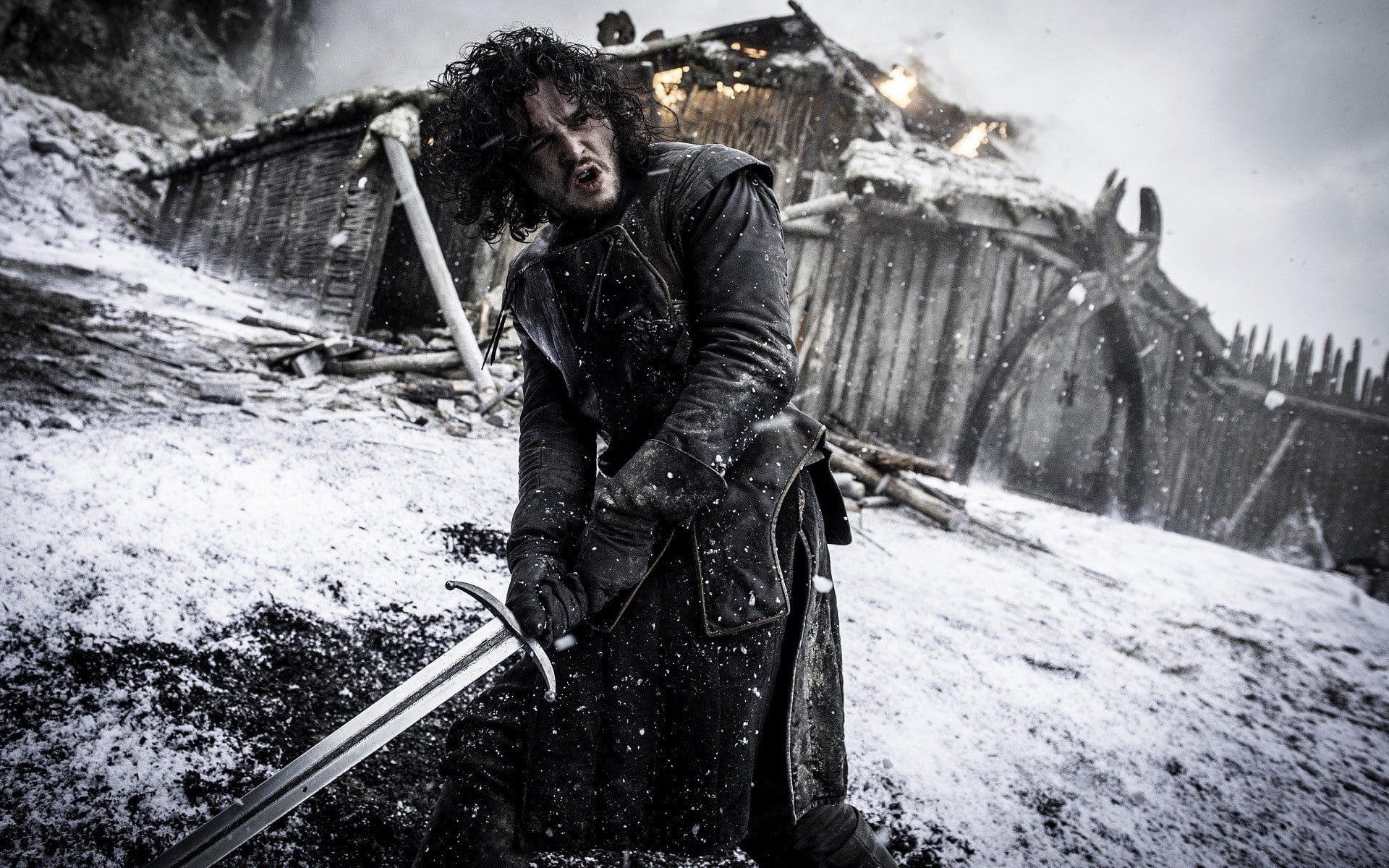 Jon Snow, curly hair, snow, actor, Game of Thrones, men, sword, Kit Harington, TV, 1080P, HD Wallpaper