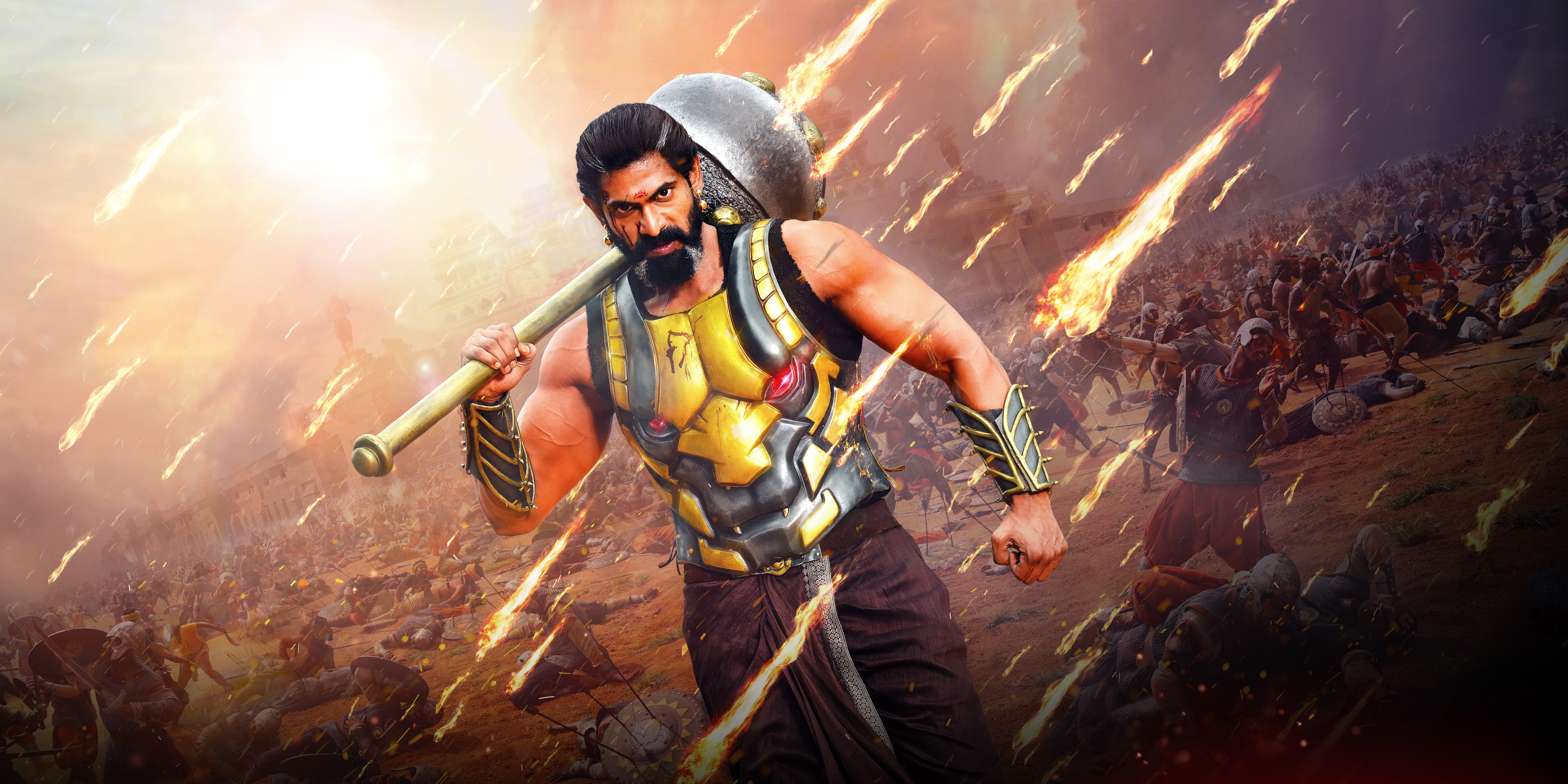  man, wearing, 4K, shirt, holding, yellow, sleeveless, Bhallala Deva, rod, beige, 8K, gray, Rana Daggubati, Baahubali 2: The Conclusion, 8K, HD Wallpaper