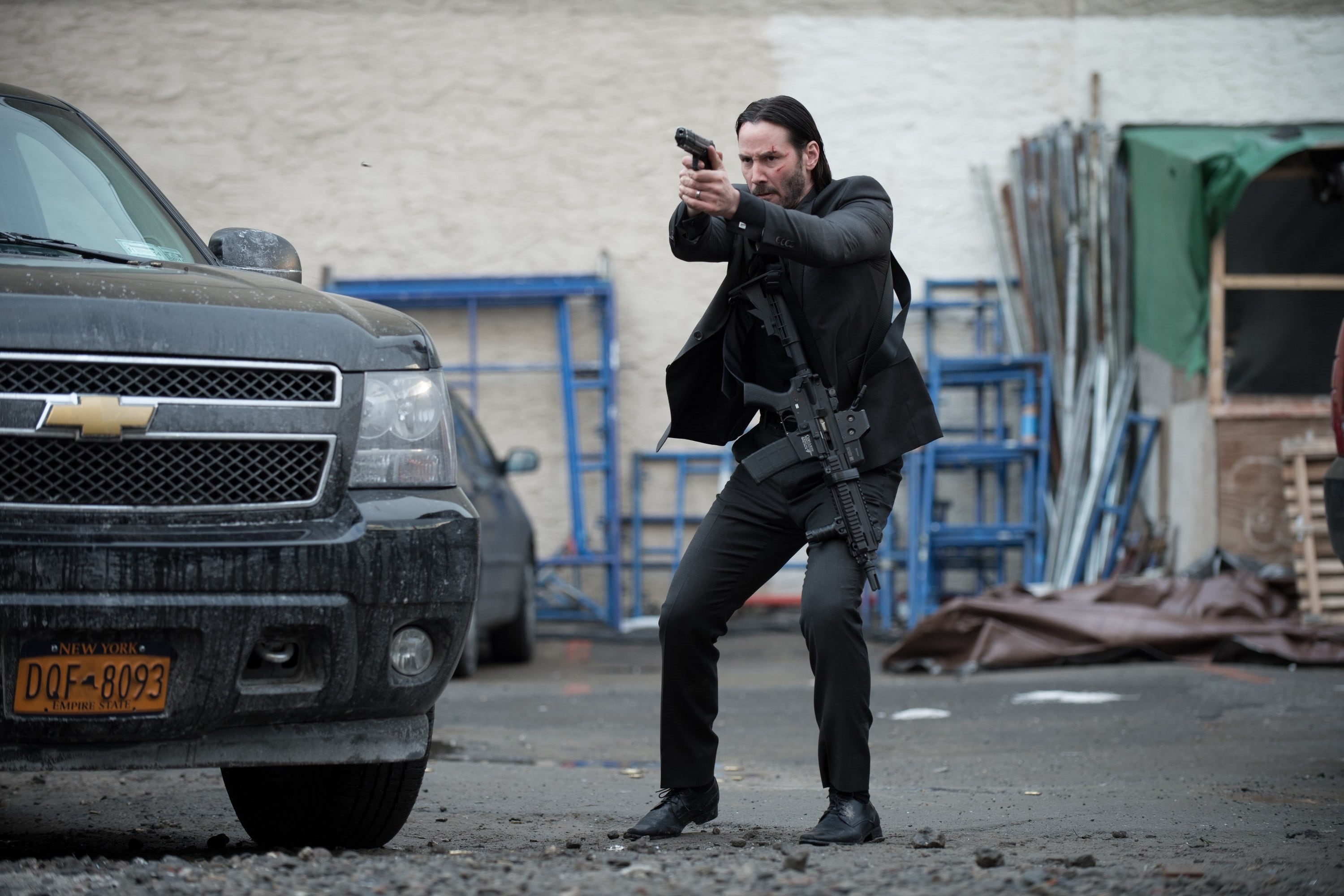 costume, 2K, Keanu Reeves, weapons, pose, John Wick, machine, HD Wallpaper