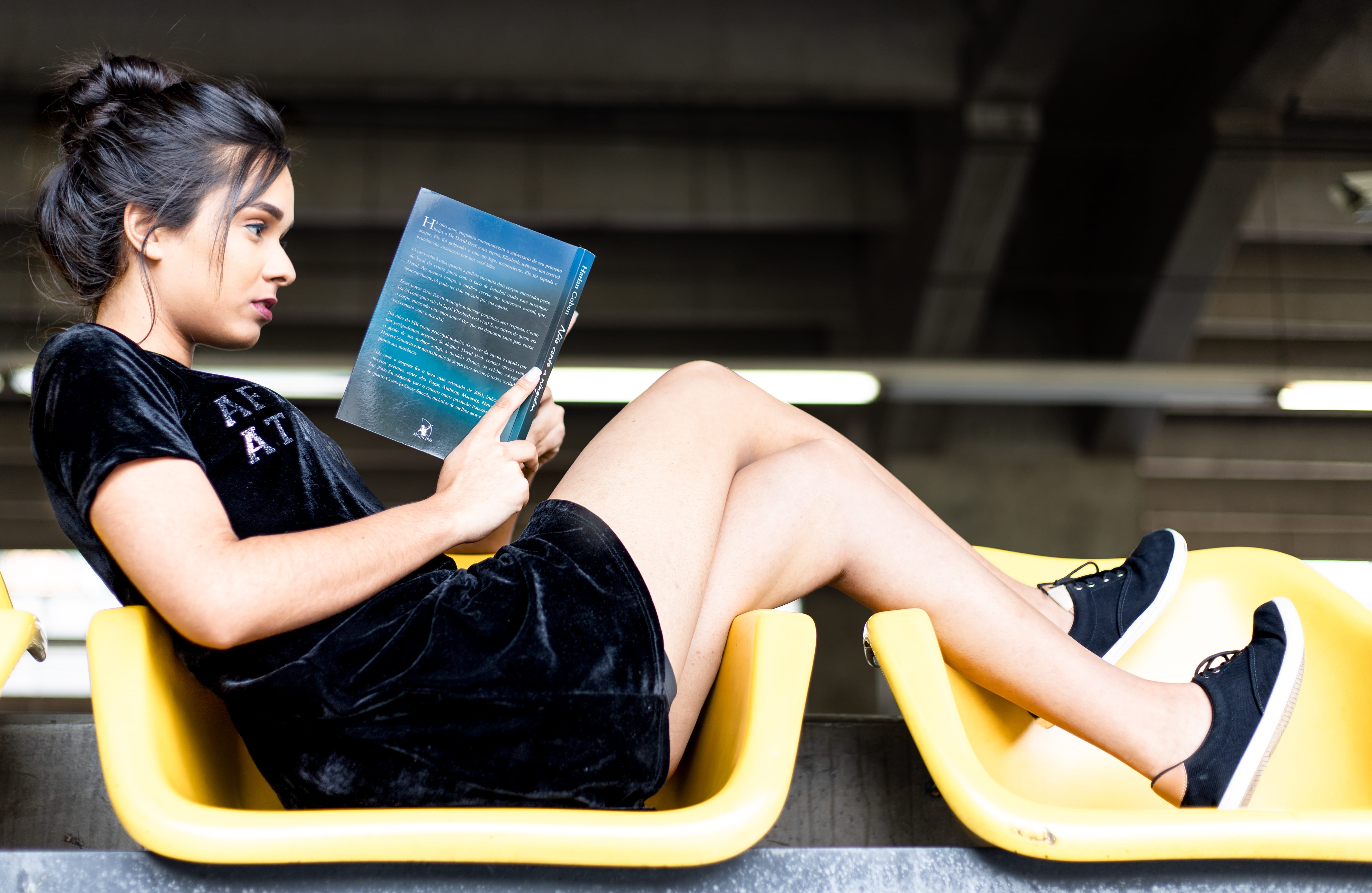 wear, young adult, beautiful woman, publication, chairs, velvet, sneakers, 5K, black, indoors, women, real people, casual, young, side view, reading, leisure activity, HD Wallpaper