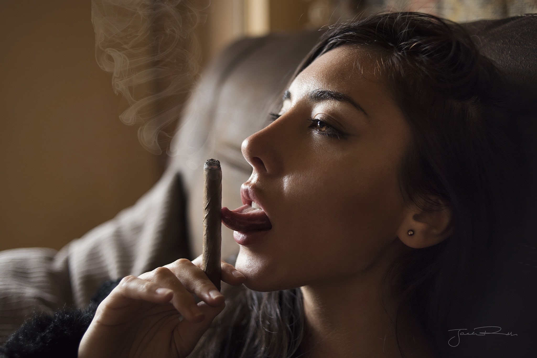 women, tongues, Nicole Barbieri, smoking, cigars, Jack Russell, face, model, 1080P, HD Wallpaper