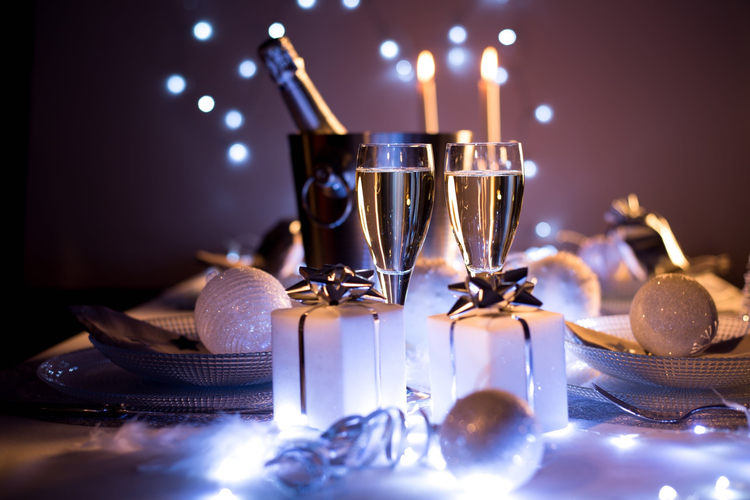 indoors, Christmas, lighting equipment, event, drinking glass, illuminated, crockery, table, metal, glass, glasses, no people, silver colored, two, food, HD Wallpaper
