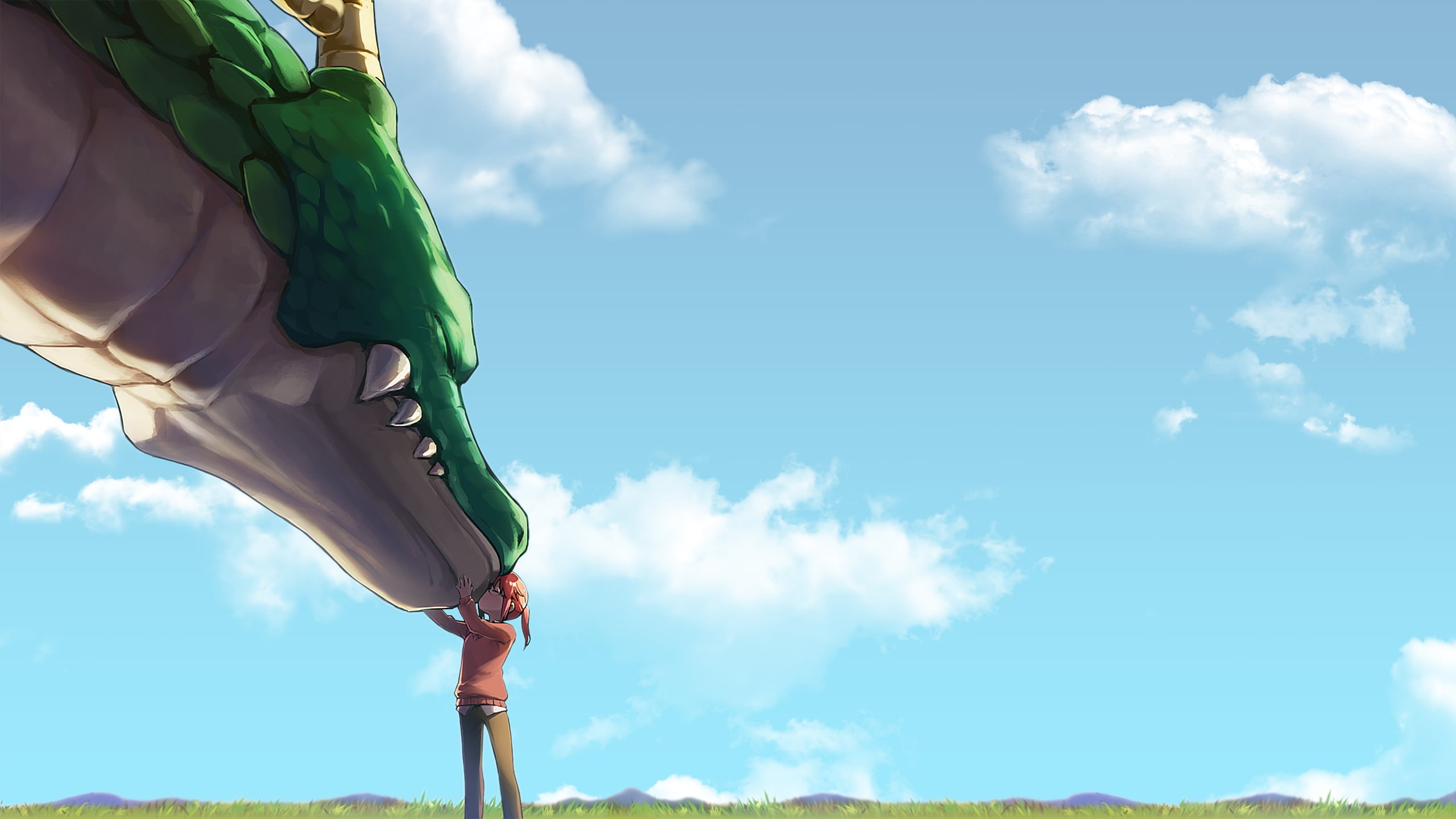 nature, blue, outdoors, childhood, sport, day, people, cloud - sky, child, Kobayashi (Kobayashi-san Chi no Maid Dragon), human leg, body part, Tohru (Kobayashi-san Chi no Maid Dragon), HD Wallpaper