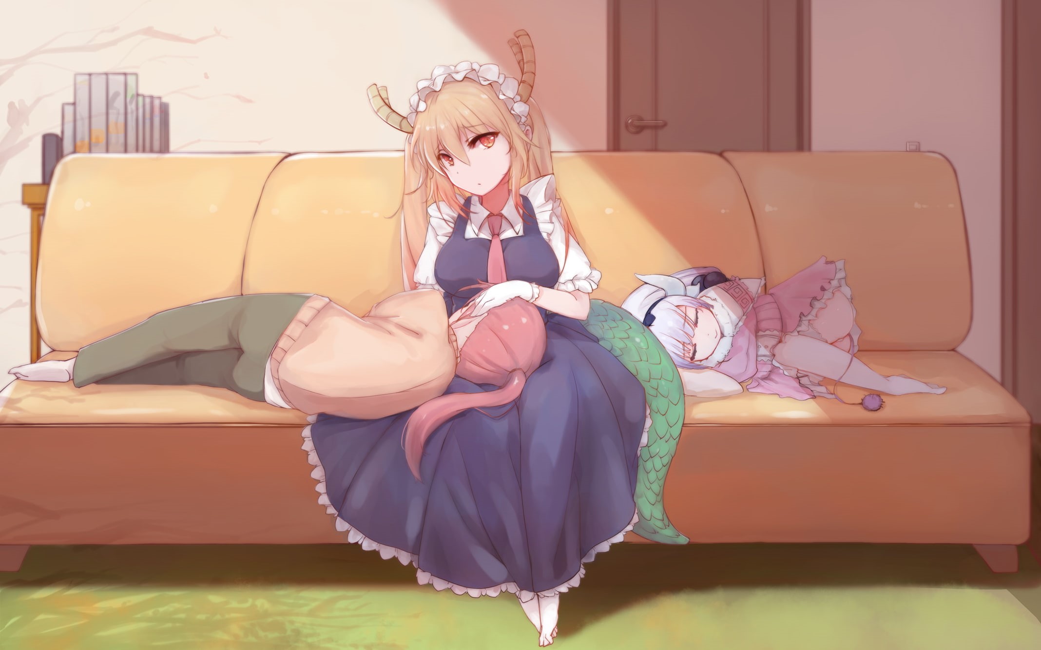 Kobayashi-san Chi no Maid Dragon, child, young adult, childhood, Kanna Kamui (Kobayashi-san Chi no Maid Dragon), bed, real people, anime girls, girls, Kobayashi (Kobayashi-san Chi no Maid Dragon), HD Wallpaper